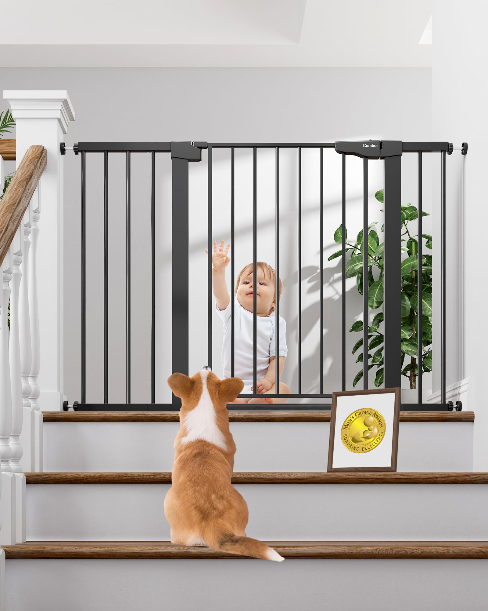 Cumbor 29.7-48" Baby Gate for Stairs, Mom's Choice Awards Winner-Dog Gate for Doorways, Auto Close Safety Pet Gate for Dogs Indoor, Easy Install Pressure Mounted Child Gate with Walk Thru Door, Black