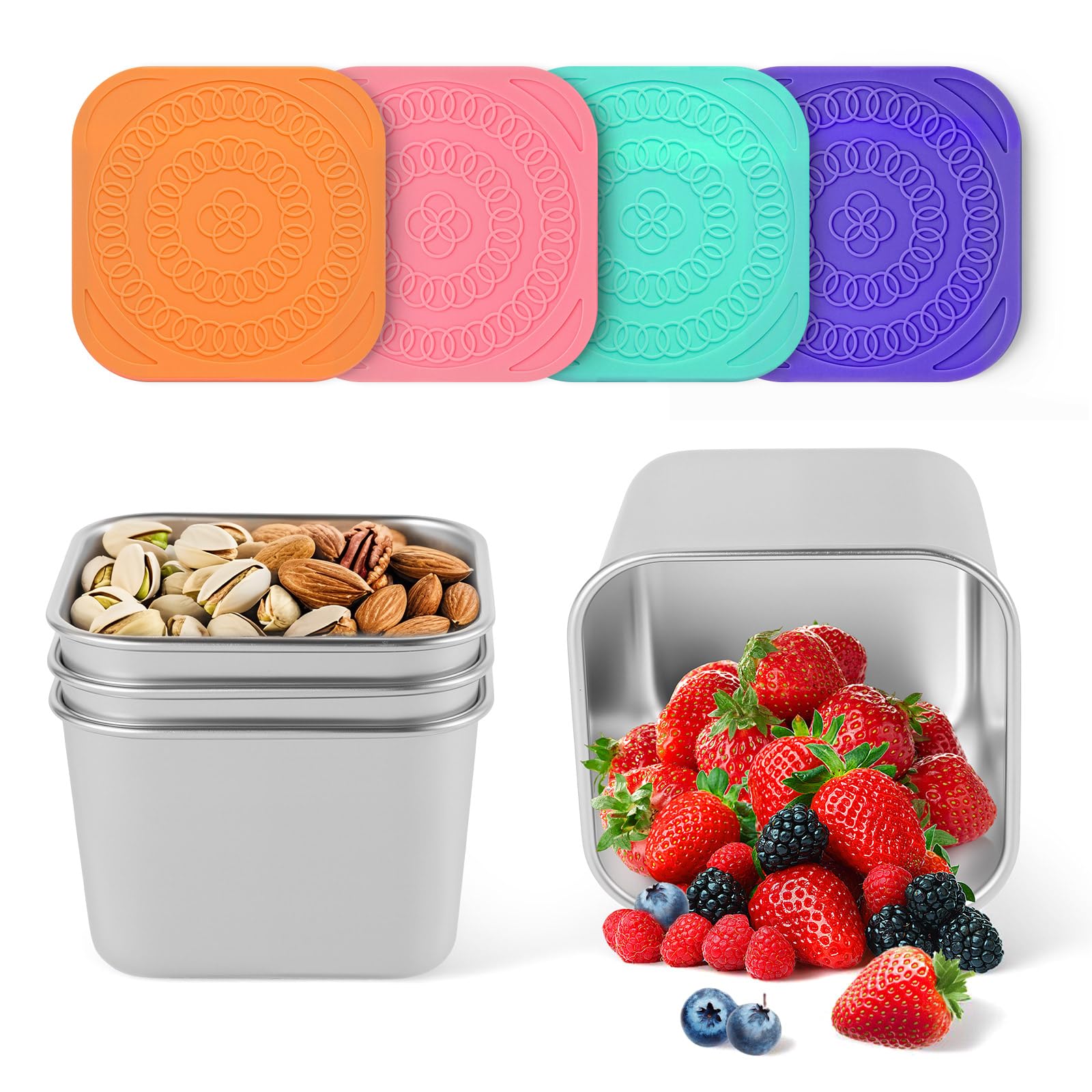 4Pack 6oz Reusable Stainless Steel Snack Containers for Kids, Easy Open Leak Proof Metal Small Toddler Snack Containers with Silicone Lids, Stackable Metal Toddler Lunch Box for Daycare School Travel