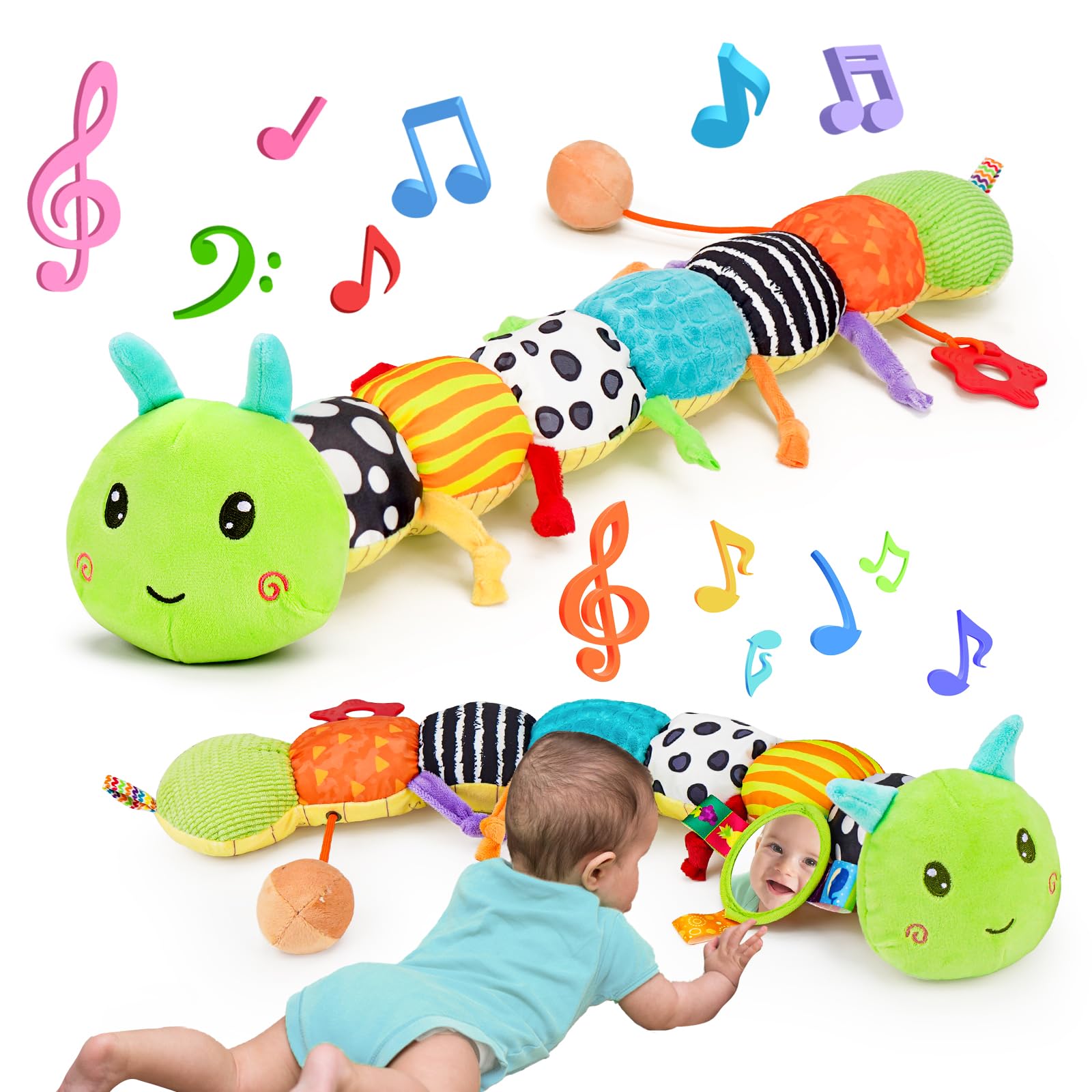 Baby Sensory Toy 0-6 Month Music Animal Stuffed Plush Caterpillar Toy for Infant 0-3-6 Month Tummy Time with Baby Mirror Crinkle Rattle for 6-12 Month Carseat Toys for Newborn Boys Girls Shower Gifts