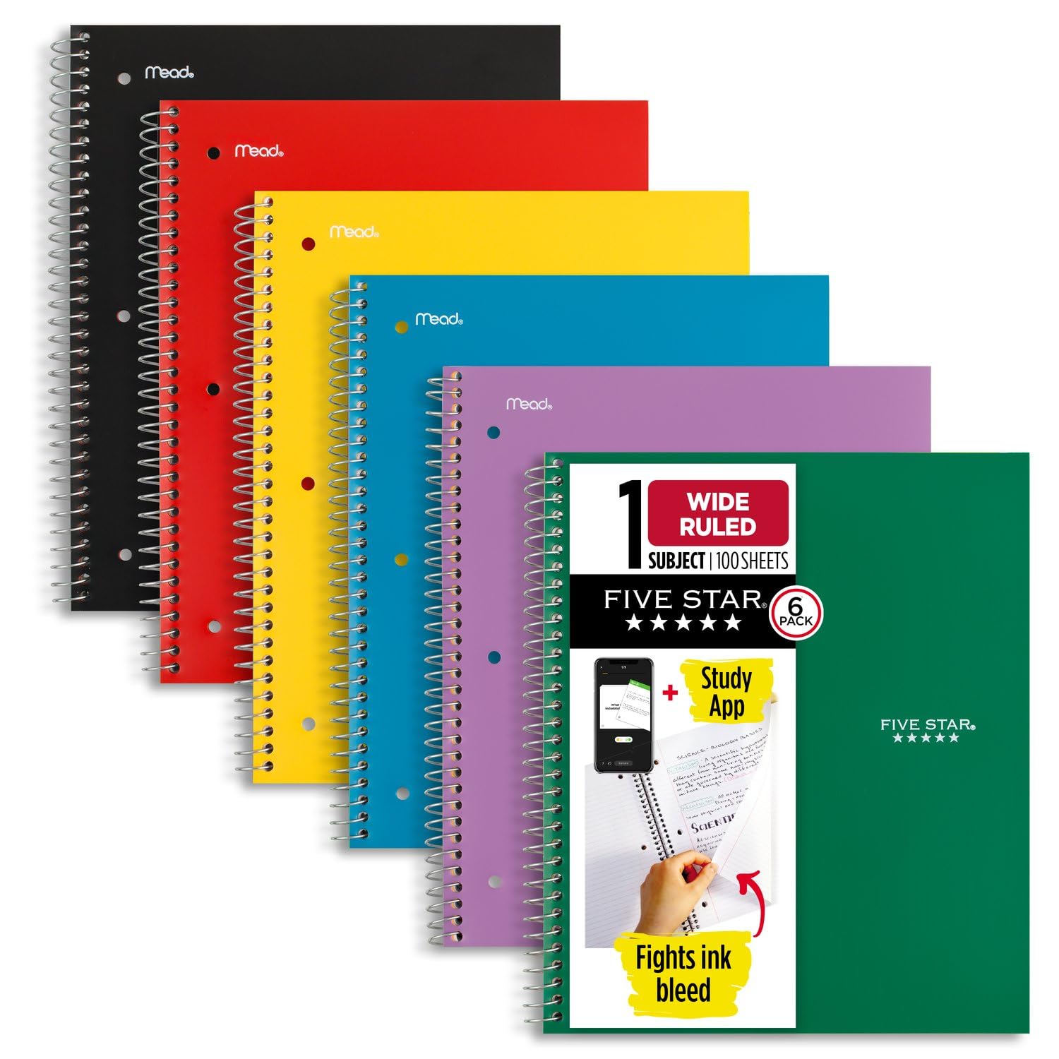 Five Star Spiral Notebooks + Study App, 6 Pack, 1 Subject, Wide Ruled Paper, Fights Ink Bleed, Water Resistant Cover, 8-1/2" x 10", 100 Sheets, Black, Red, Yellow, Purple, Green, Blue (38042)