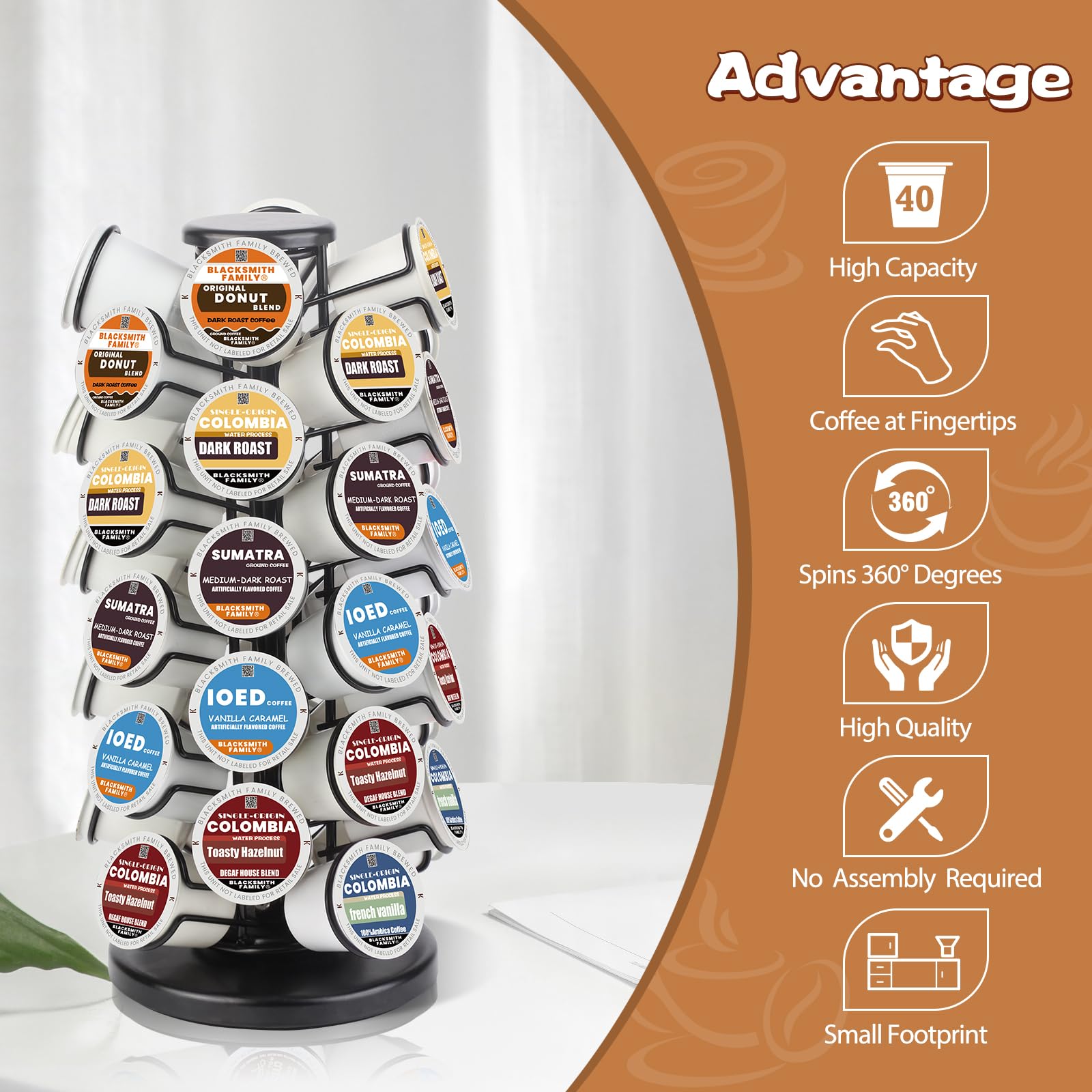 BLACKSMITH FAMILY K Cup Holders k Cup Holder K Cups Holder,K Cup Carousel, Coffee Pods Storage Organizer Stand,Comes All in One Piece,No Assembly Required,1 Count(Capacity of 40 Pods, Black)