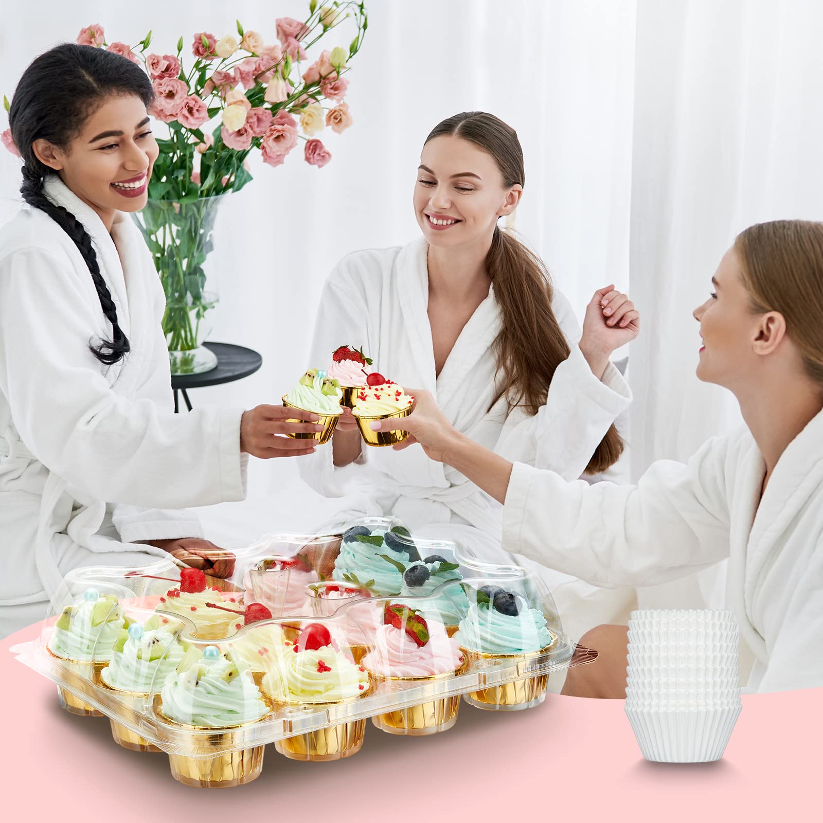 Gencywe (12 Pack x 20 Sets) Stackable Cupcake Carrier with 240 Pack Liners, Plastic Cupcake Boxes Holders for 12 Cupcakes, High Tall Dome Lid Cupcake Containers, Clear Disposable Cupcake Trays