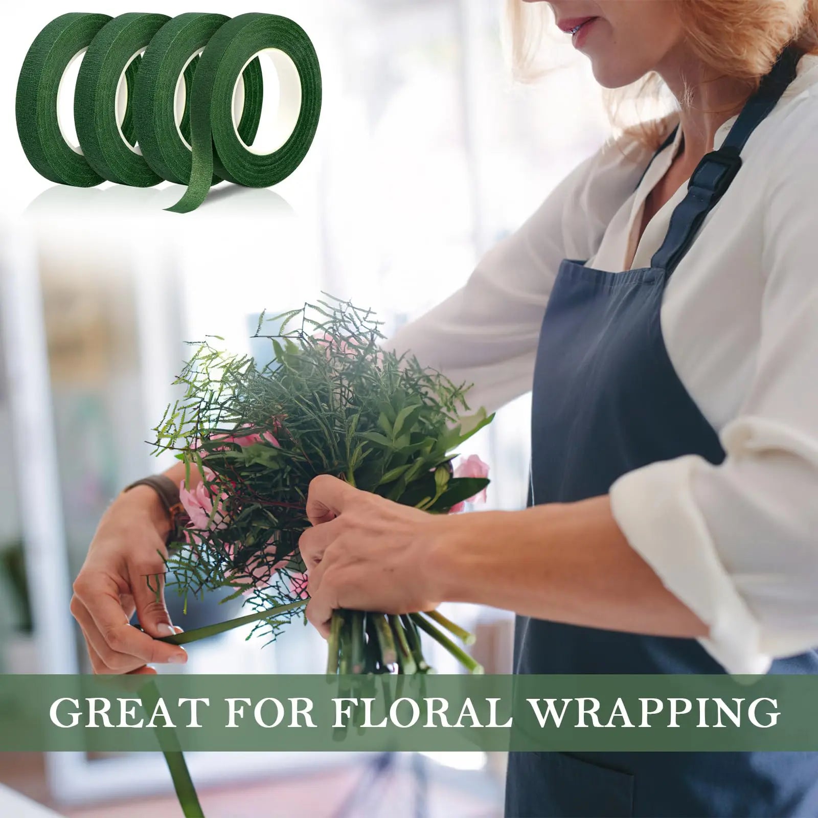 COIDEA 8 Rolls Floral Tape, 1/2" Wide Flower Tape, Dark Green Floral Tape for Fresh Flowers, Adhesive Florist Tape for Floral Crafts, Bouquet Floral Arranging Stem Wrapping, Wedding Bouquet, 30Yard