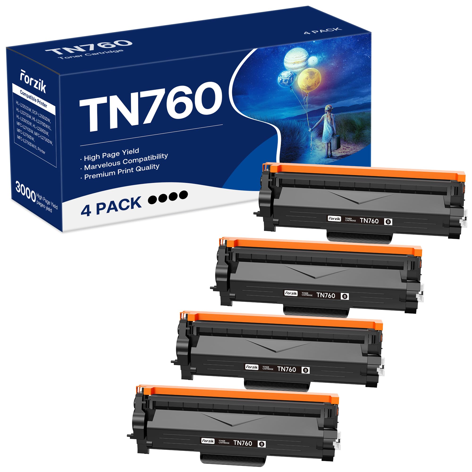خرطوشة حبر متوافقة من Forzik بديلة لأخ Brother TN760 TN-760 TN730 TN-730 عالية الإنتاجية متوافقة مع طابعات DCP-L2550DW HL-L2350DW MFC-L2710DW (4 أسود)
