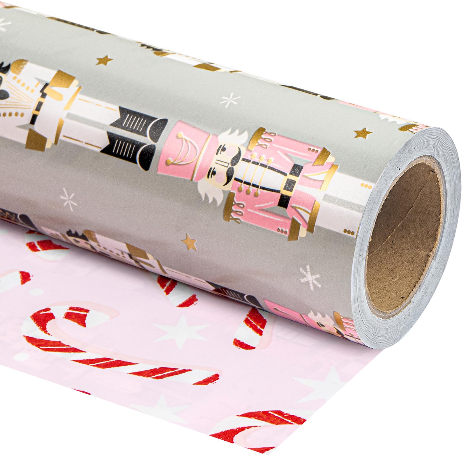 WRAPAHOLIC Reversible Christmas Wrapping Paper - Mini Roll - 17 Inch X 33 Feet - Red Green Gnome and Candy Canes, Pink and White Polka Dots Design for Holiday, Party, Celebration