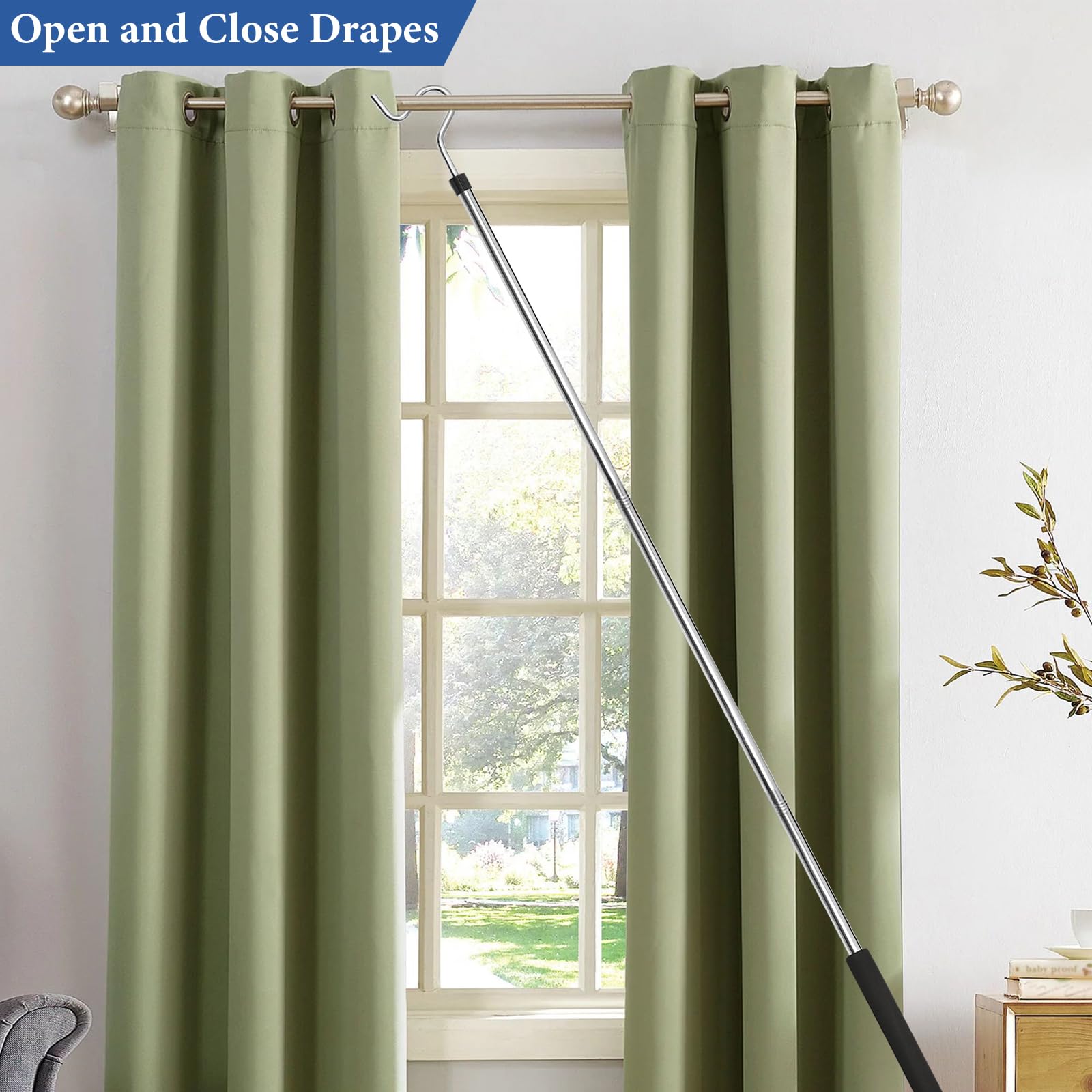 Greeily Clothes Hook Pole, Clothes Hanger Reaching Hook for Hanging Clothes Light and Plants Extendable from 35" to 50" Made of Stainless Steel Tube with Sponge Handle (50inch)