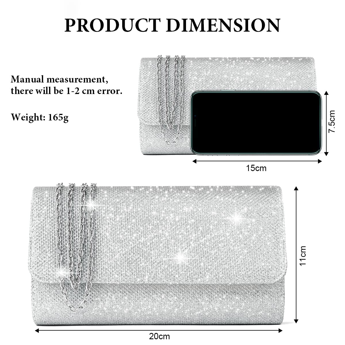 OSDUE Evening Bag Clutch Purses for Women, Glitter Evening Bag Sparkling Envelope Packet with Detachable Chain for Prom Wedding Party Banquet Date (Silver)
