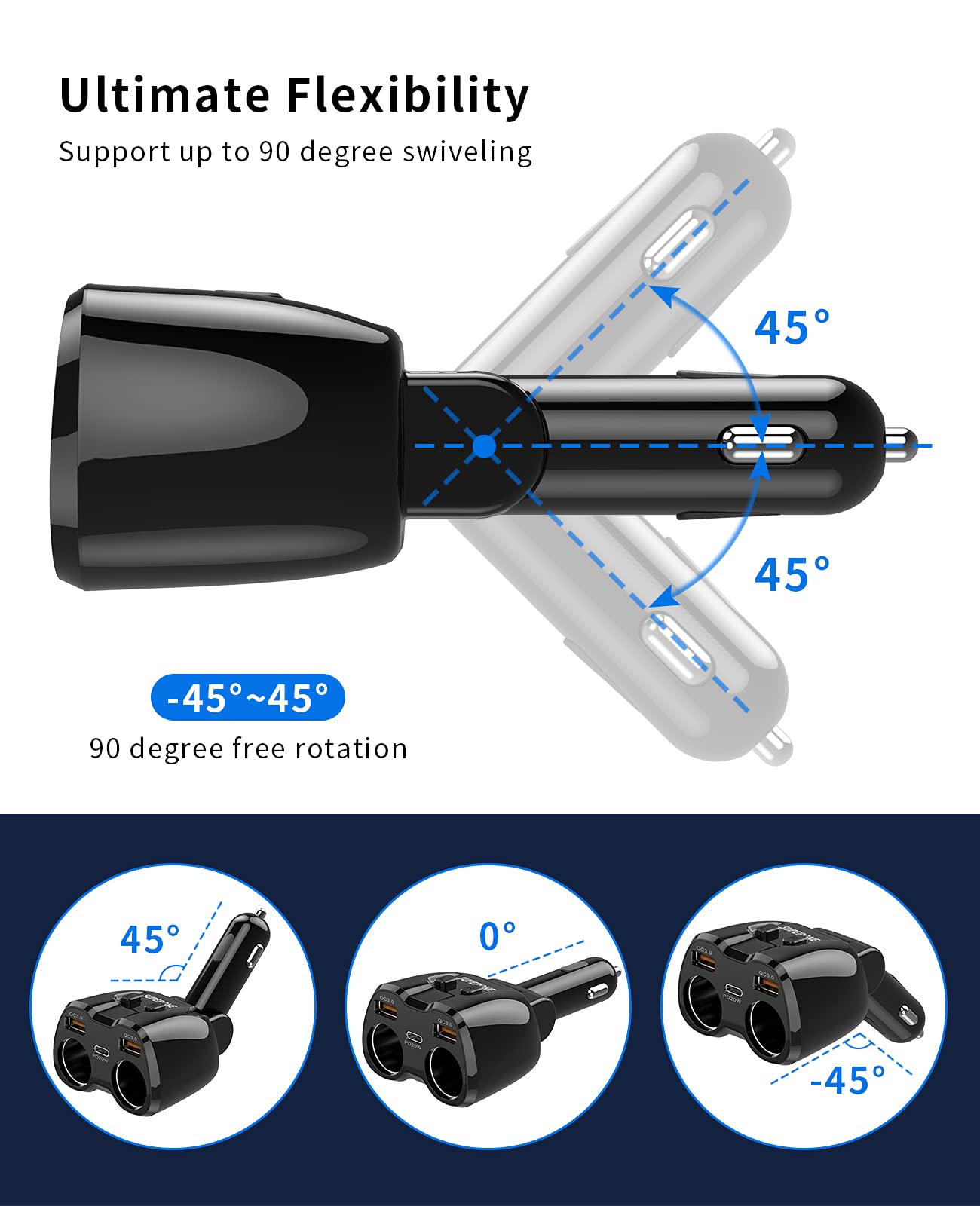 [2025 Upgraded] Cigarette Lighter Splitter, SUPERONE 180W 2-Socket Cigarette Lighter Adapter with Dual QC3.0 and 20W PD USB C Car Charger Splitter for GPS/Dash Cam/Laptop/iPad/iPhone 17/16/15/14/13/12