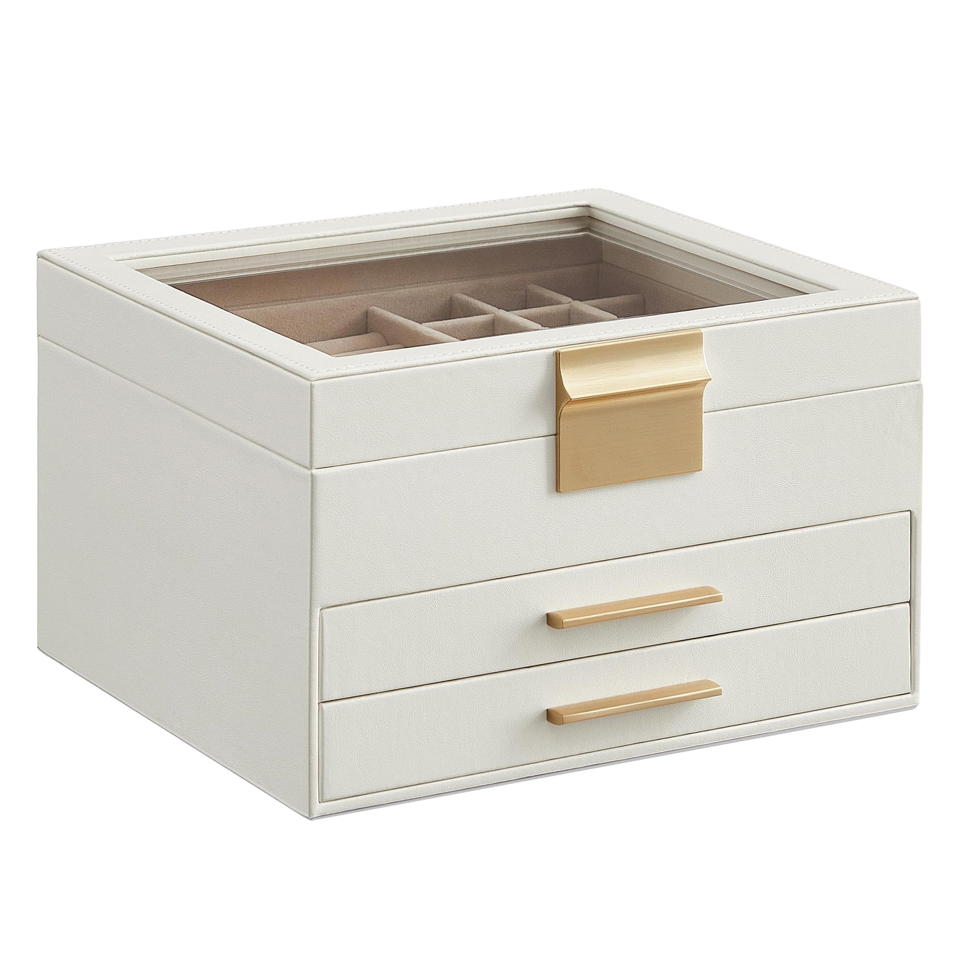 SONGMICS Jewelry Box Organizer with Glass Lid, 3-Layer Jewelry Storage, with 2 Drawers, Modern Style, 8 x 9.1 x 5.3 Inches, Cloud White and Gold Color UJBC239WT