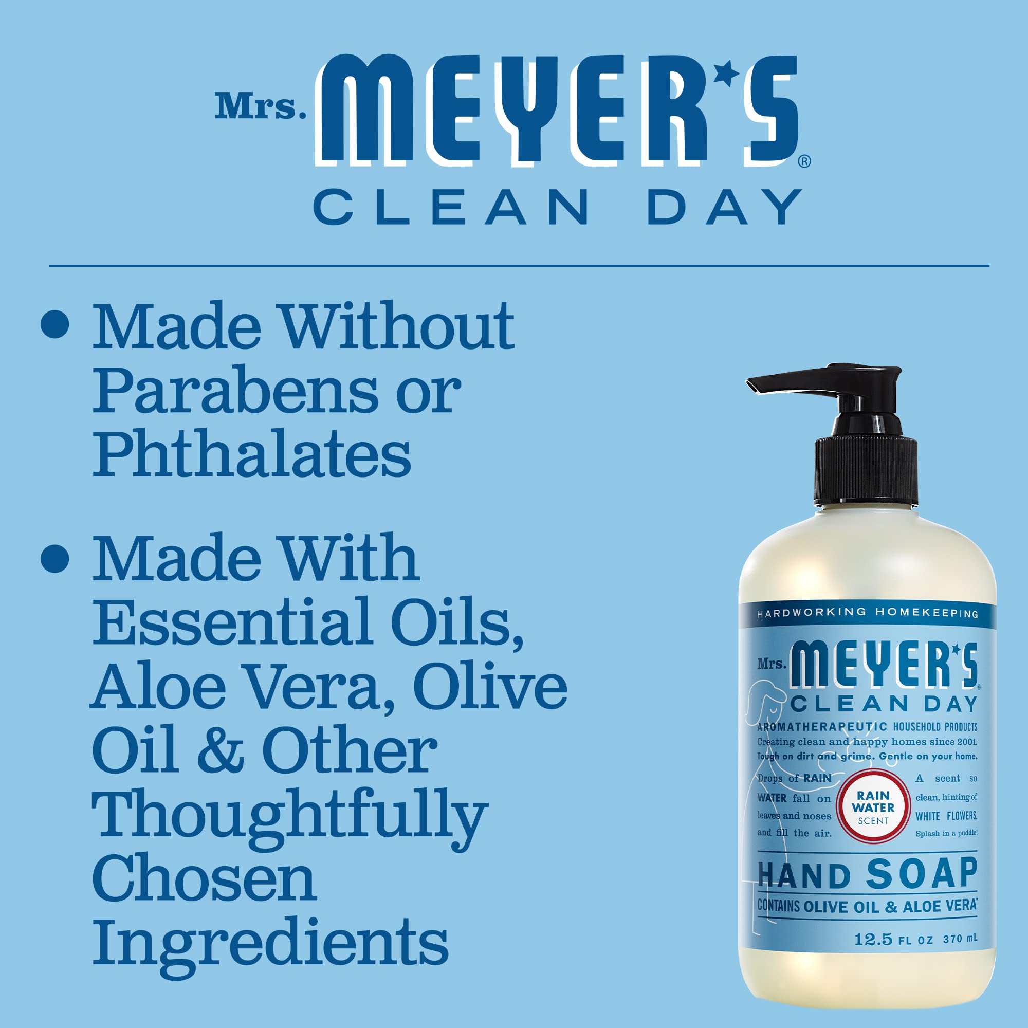 MRS. MEYER'S CLEAN DAY Hand Soap, Made with Essential Oils, Biodegradable Formula, Rain Water, 12.5 fl. oz - Pack of 3