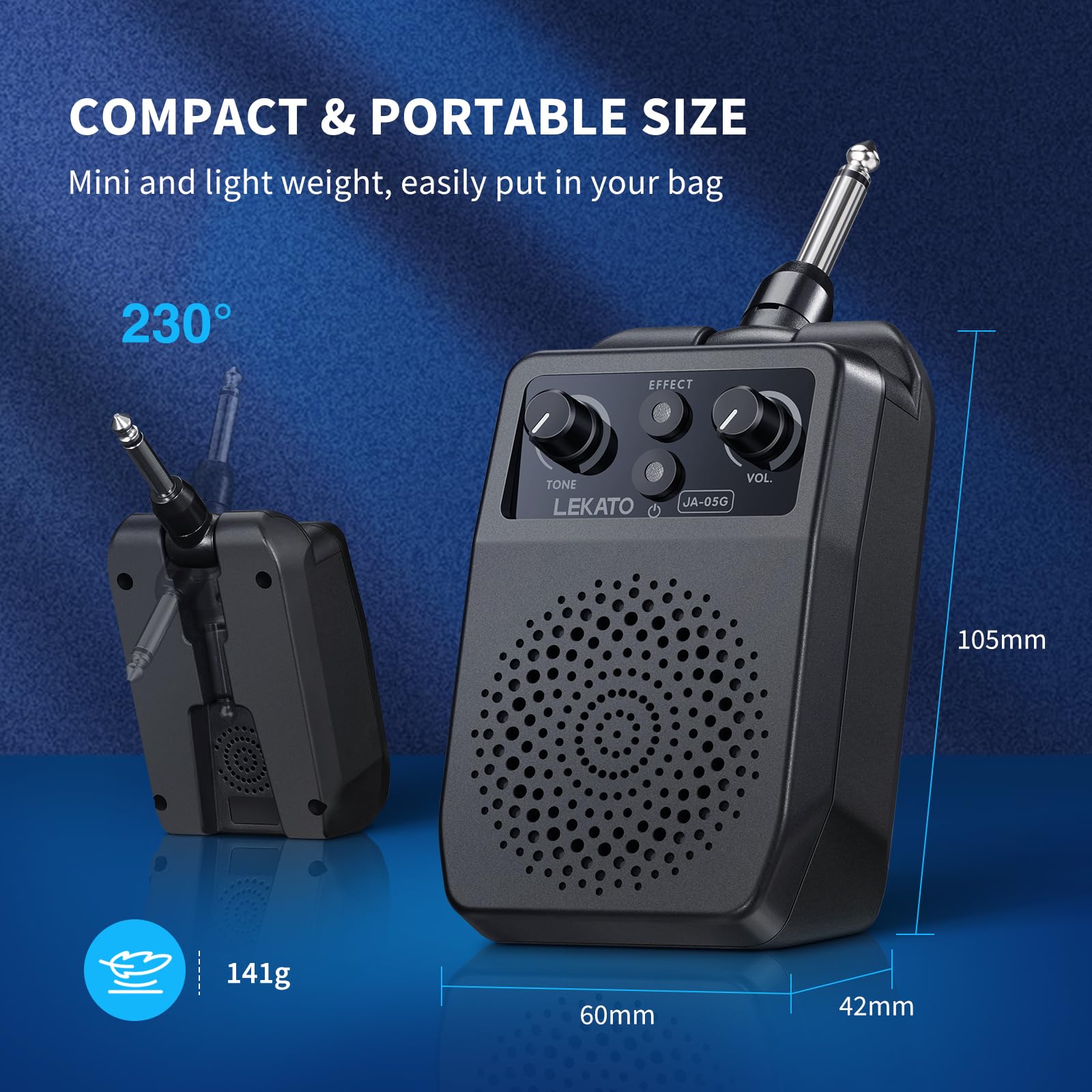 LEKATO Mini Electric Guitar Amp 5W, Portable Guitar Amp Bluetooth with Built-in 4 Effects, Clean Distortion Overdrive Reverb, Rechargeable Small Amplifier for Practice, Black (JA-05G)