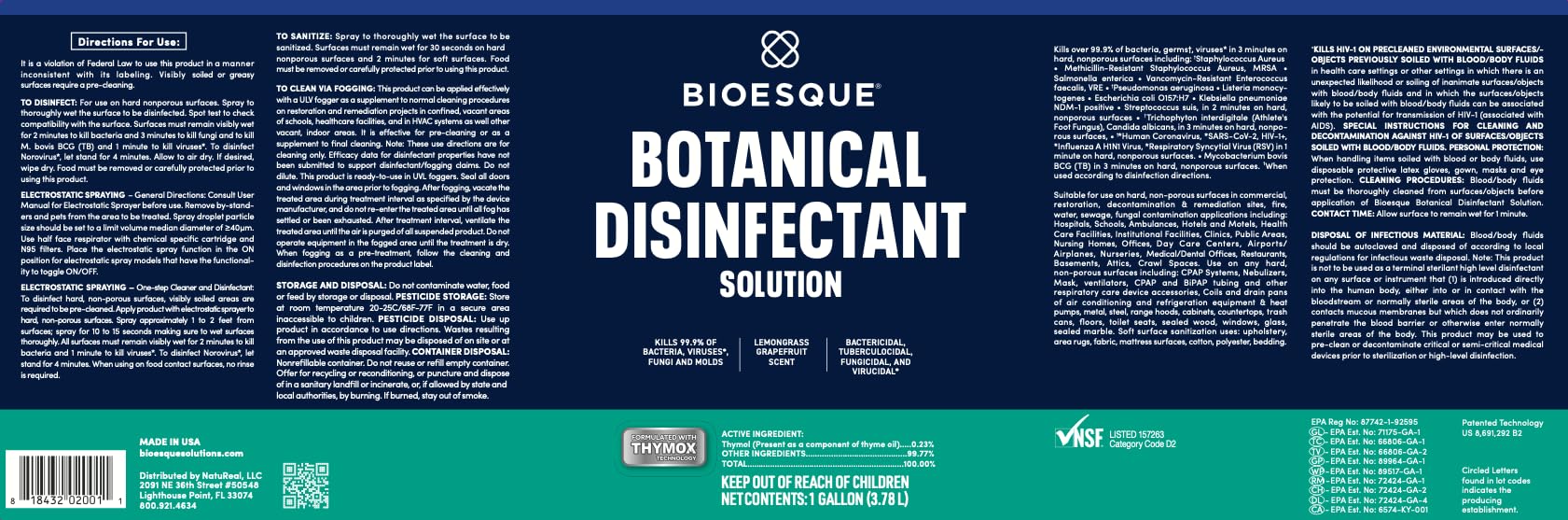 Bioesque Botanical Disinfectant Solution, Heavy Duty Broad-Spectrum Disinfectant, Kills 99.9% of Bacteria, Viruses*, Fungi, & Molds, 1 Gallon (Pack of 1)