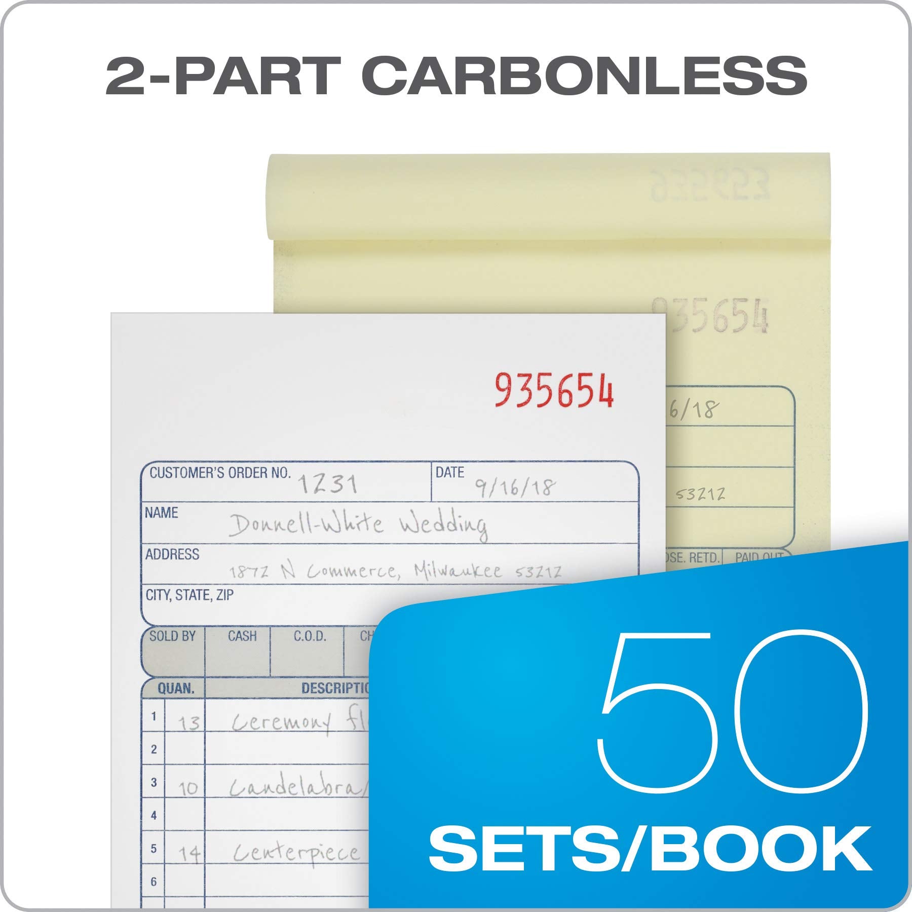 Adams Sales Order Book, 2-Part, Carbonless, White/Canary, 4-3/16 x 7-3/16 Inches, 50 Sets per Book (DC4705)