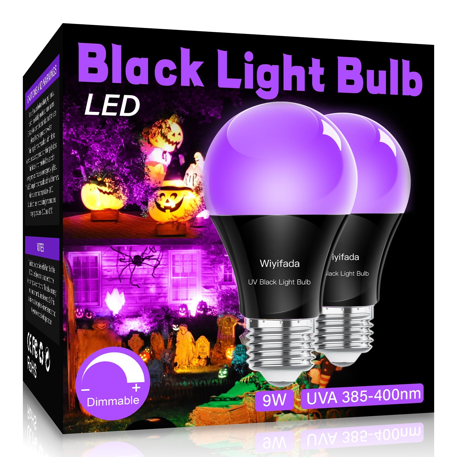 Wiyifada LED Black Light Bulbs 2 Pack, A19 9W UV Black Light Replace Up to 100W, 120V E26 Base UVA Level 385-400nm, Glow in The Dark for Body Pain, Blacklights Party, Halloween