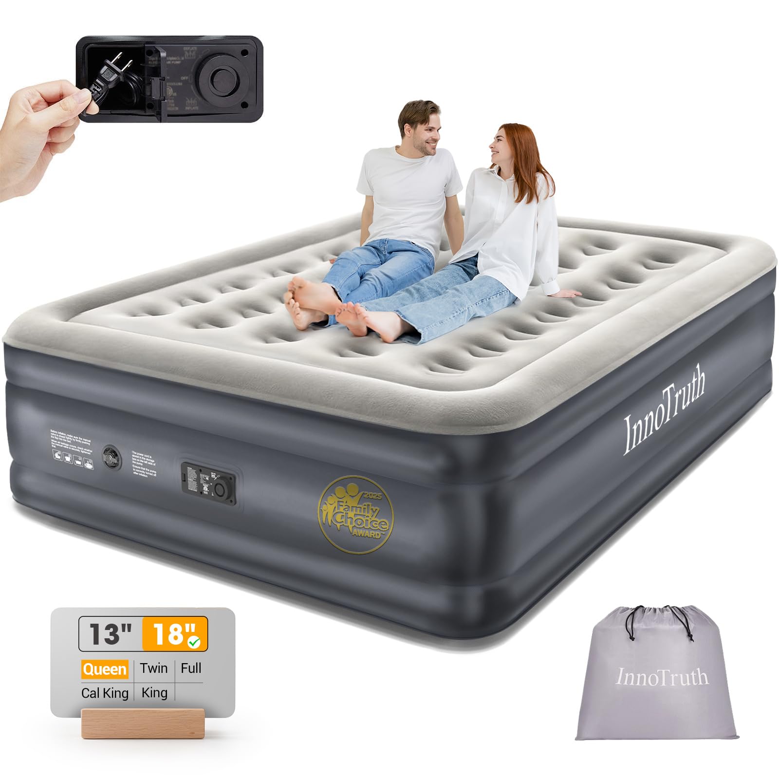 InnoTruth Air Mattress Queen with Built in Pump, Inflatable Mattress Blow up Mattress, 18" Self Inflating Colchones Inflables Foldable Air Bed for Guest & Home, Ideal for Camping, 650lbs Weight Max