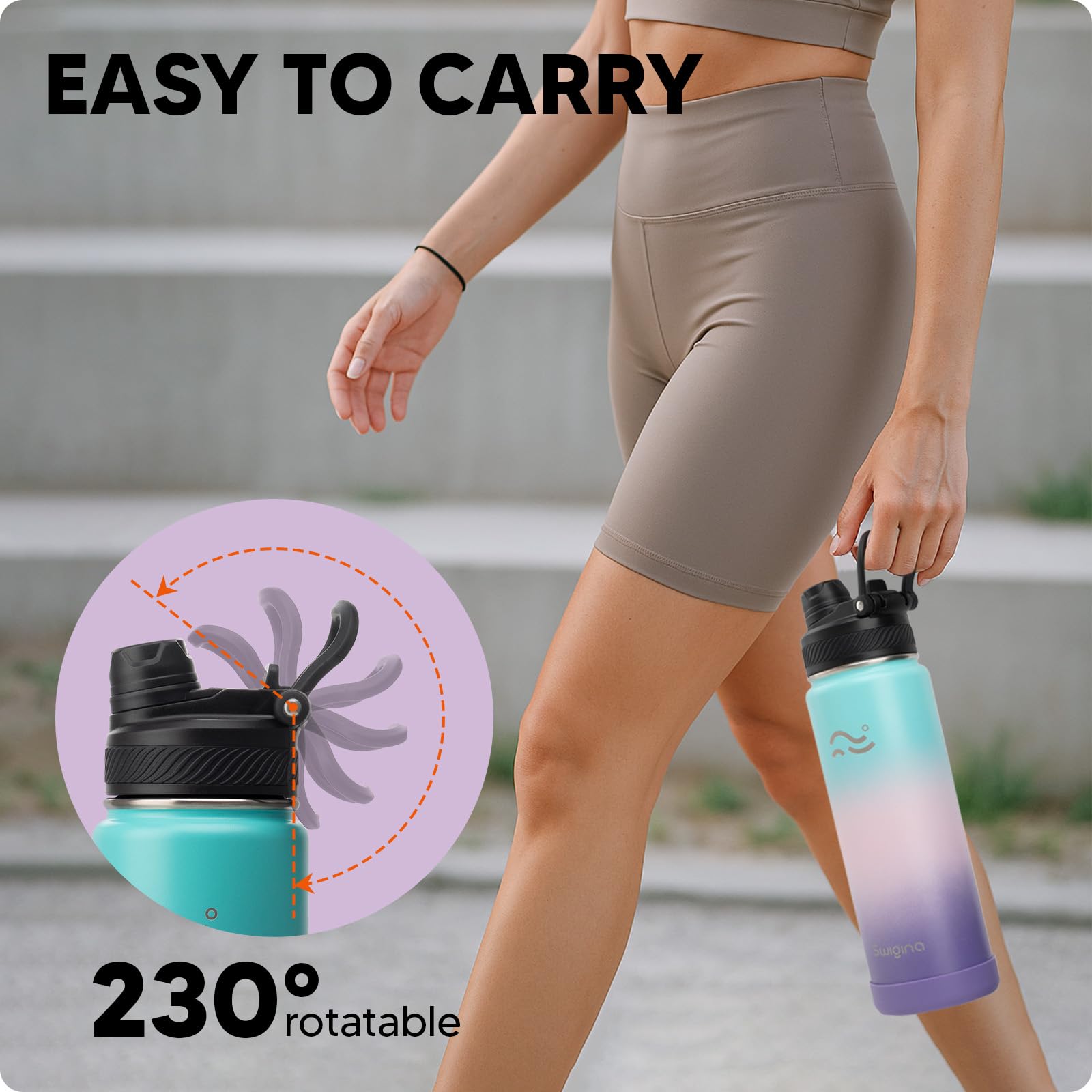 Swigina [2-IN-1 LID] Insulated Water Bottle with Silicone Boot (36hrs Cold/18hrs Hot) - DIY Stickers, Leakproof, BPA Free, 24 oz