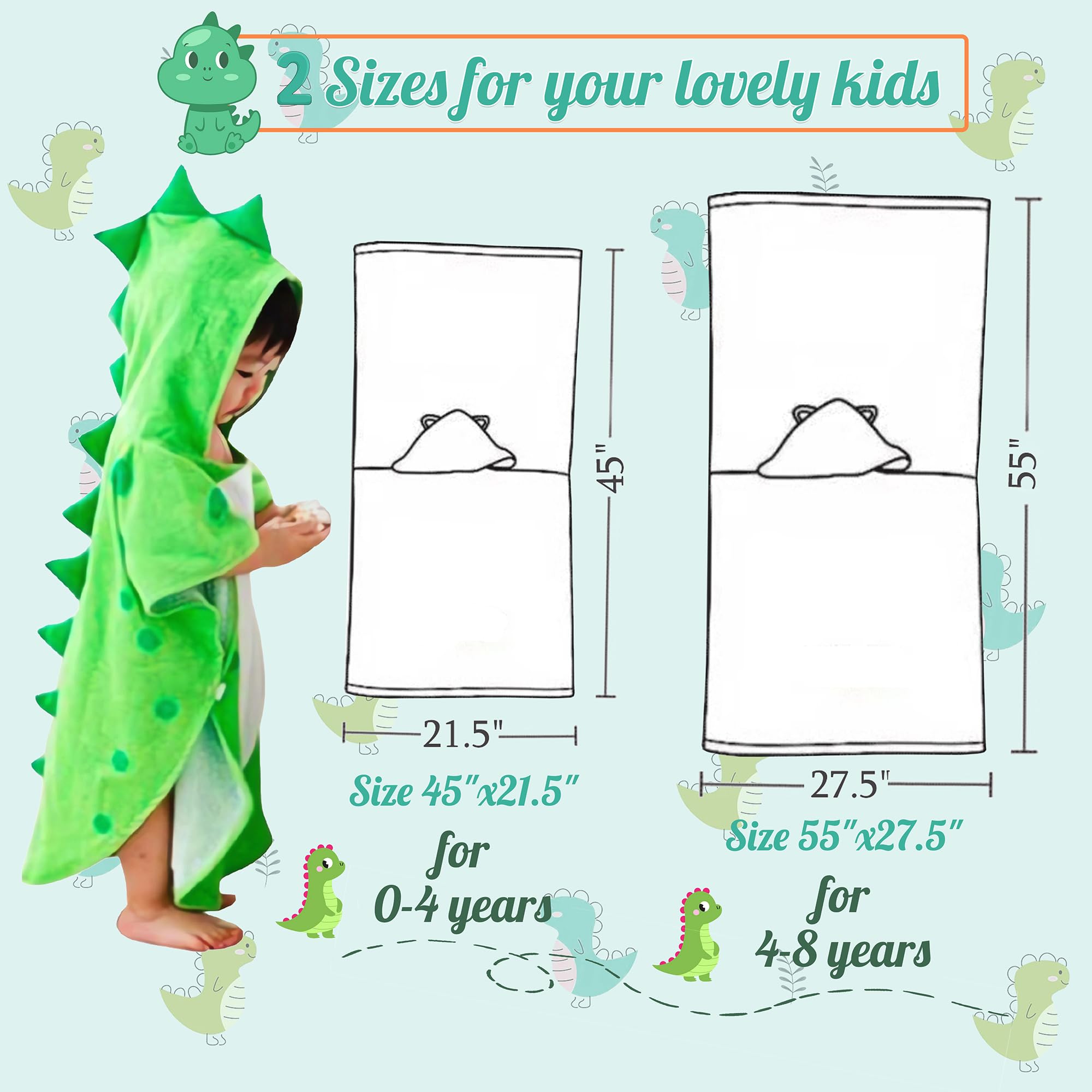 Maleroads Soft Cotton Baby Bath Towel Beach Towel Bathrobe for Kids 0-4 Years (Green Dinosaur, 21.545inch)