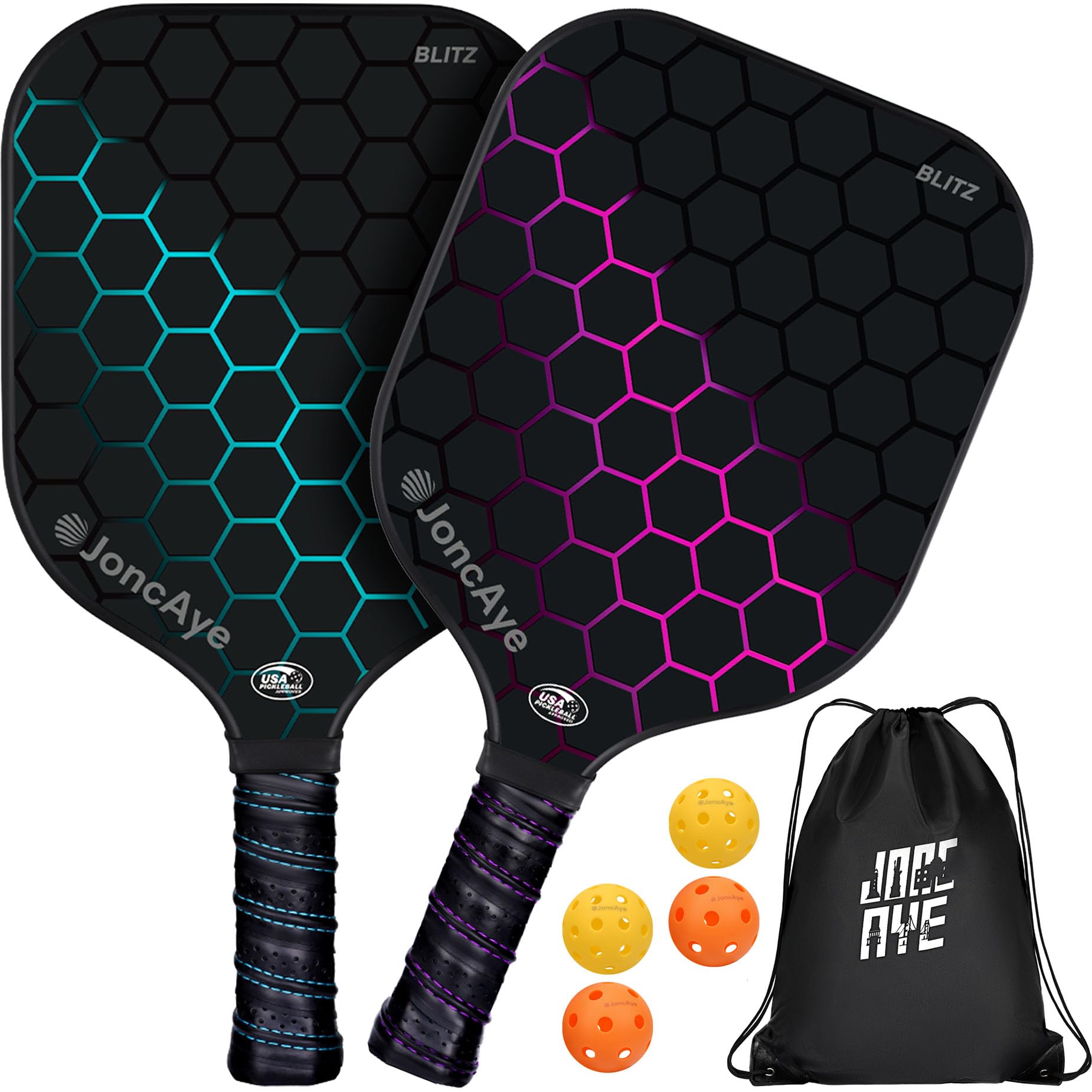 JoncAye Pickleball Racket Set with 2 Fiberglass Paddles and 4 Pickle-Ball Balls, 1 Paddle Bag |USAPA Approved Pickleball Racquets for Adults, Kids, Pickleball Gear w/Accessories