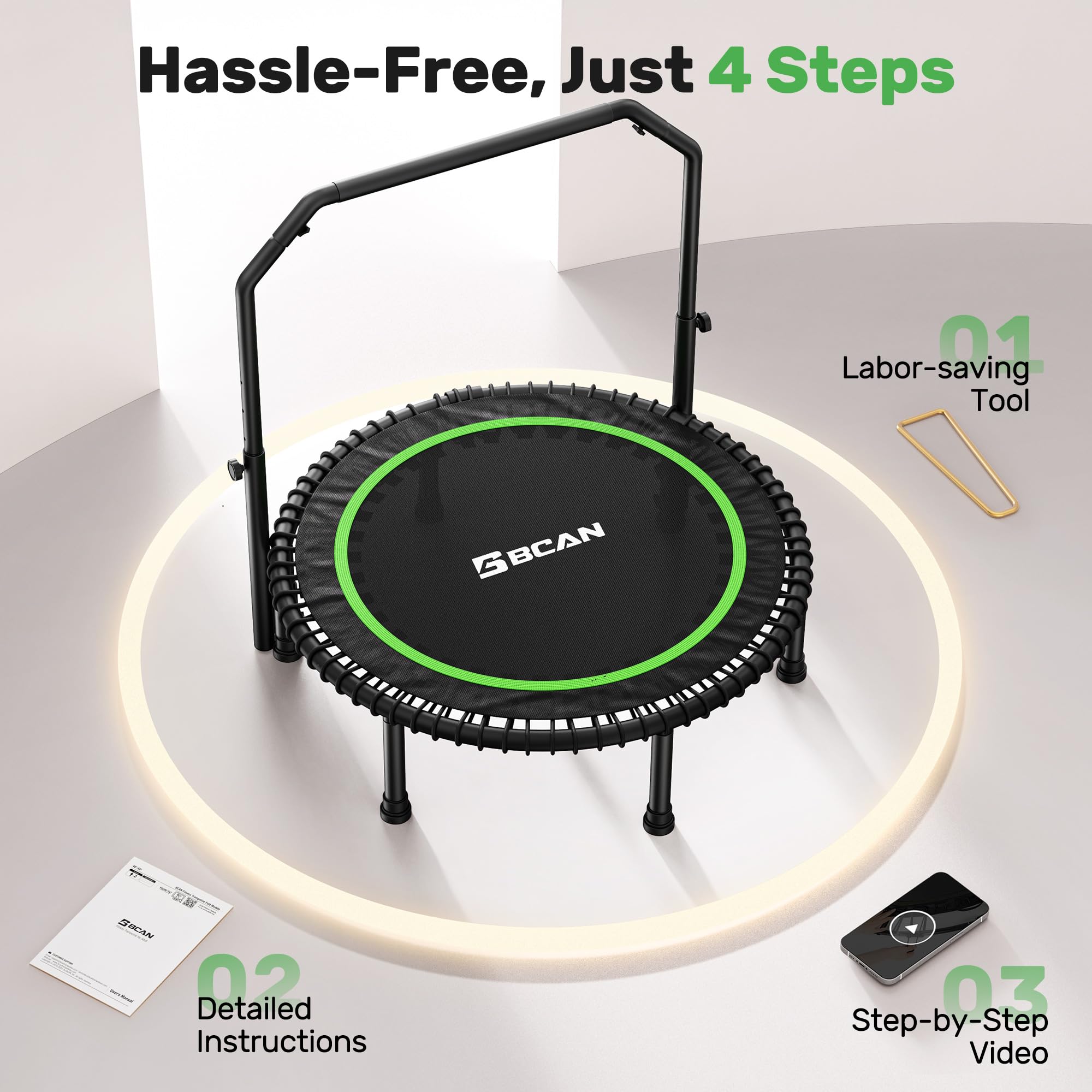 BCAN Adult Mini Trampoline, 40" Fitness Trampoline with Bungees, U Shape Adjustable Foam Handle, Stable & Quiet, Indoor Outdoor Workout-Green