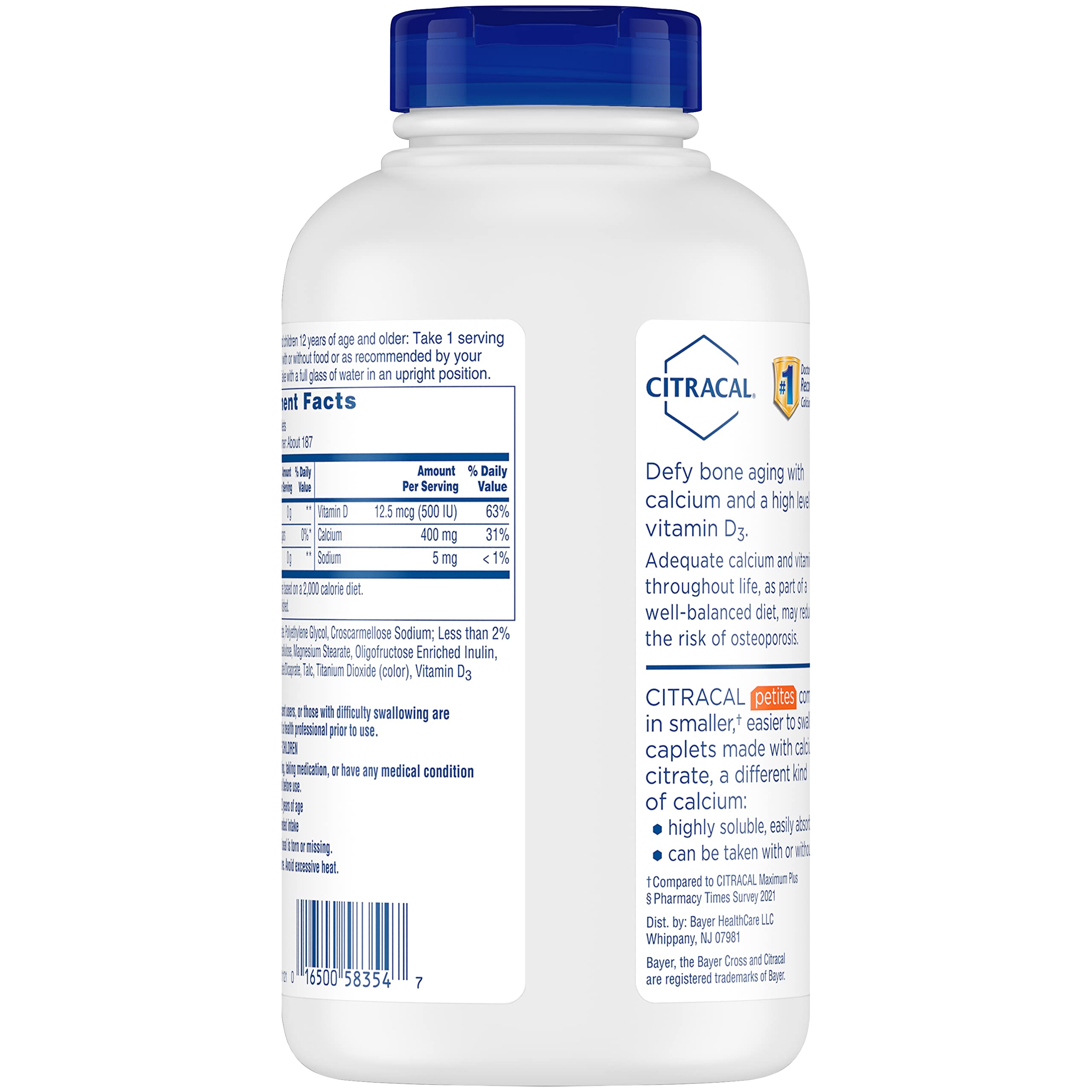Citracal Petites, 400 mg Calcium Citrate, Easily Absorbed and Highly Soluble with 12.5 mcg (500 IU) Vitamin D3, Bone Health Support for Ages 12+, Smaller and Easier to Swallow Caplets, 375 Count