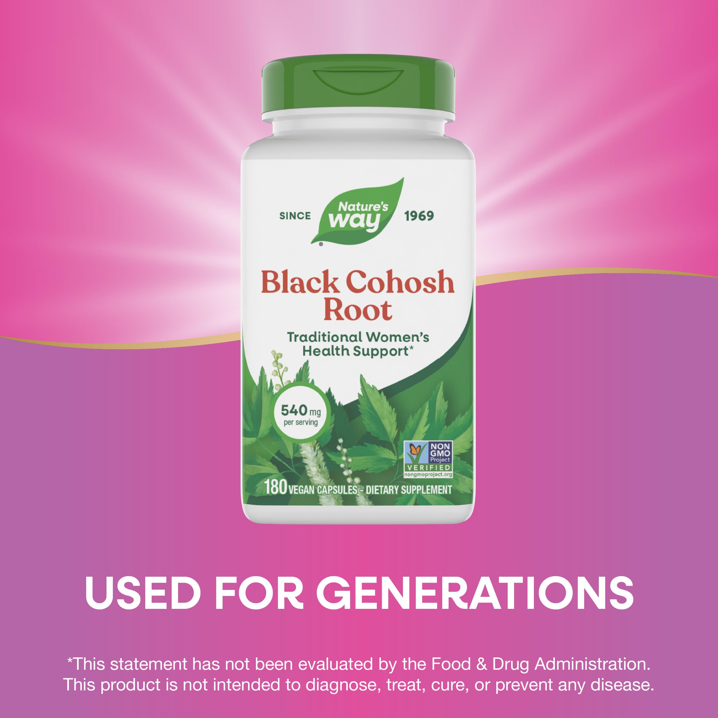 Nature's Way Black Cohosh Root, Traditional Support for Women's Health*, 540 mg per Serving, Non-GMO Project Verified, 180 Capsules