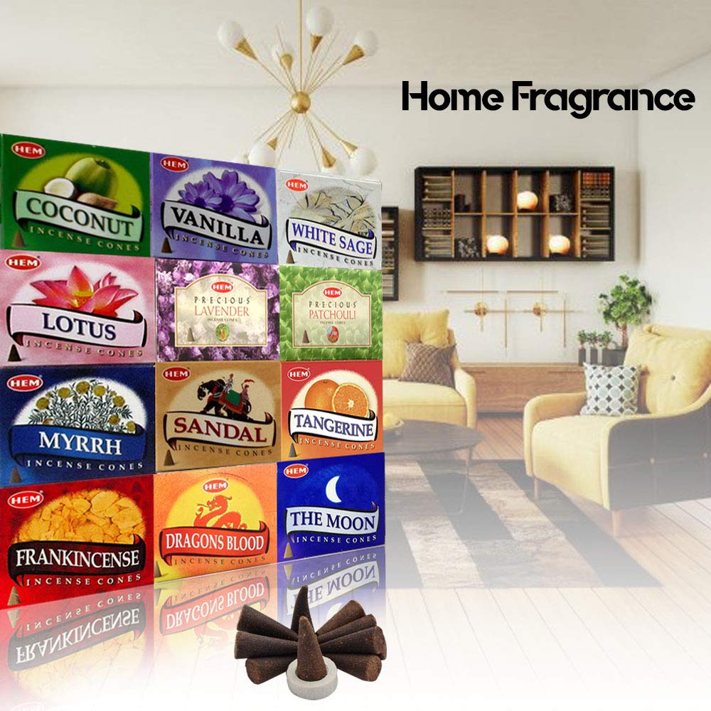 HEM Assorted Incense Cones – Pack of 12 Scents (10 Cones Each, 120 Total) – Natural Aromatherapy Fragrance for Meditation, Relaxation, Yoga, and Home Use