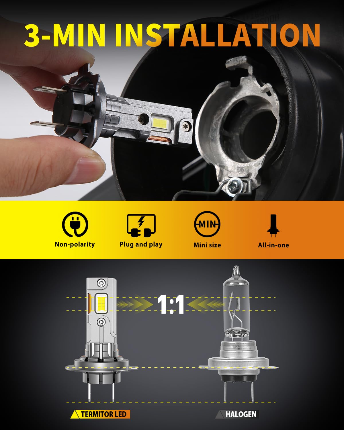 Termitor H7/H7LL Light Bulbs, 22000LM Ultra-Brightness, Real 1:1 Halogen Mini Size, 10-Year Extended Lifespan, 6500K White Illumination for Automotive Fog Lights, Plug and Play, Pack of 2