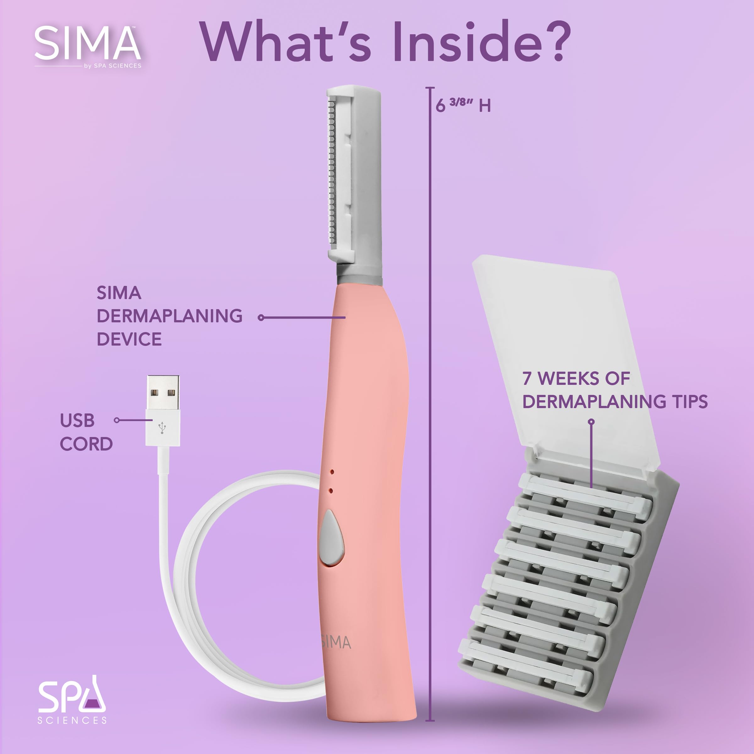 SPA SCIENCES - SIMA Dermaplaning Tool - Patented Painless 2 in 1 Facial Exfoliation & Peach Fuzz-Hair Removal System w/ 7 Weeks Treatment Included - Anti-Aging – 3 Speeds - Rechargeable