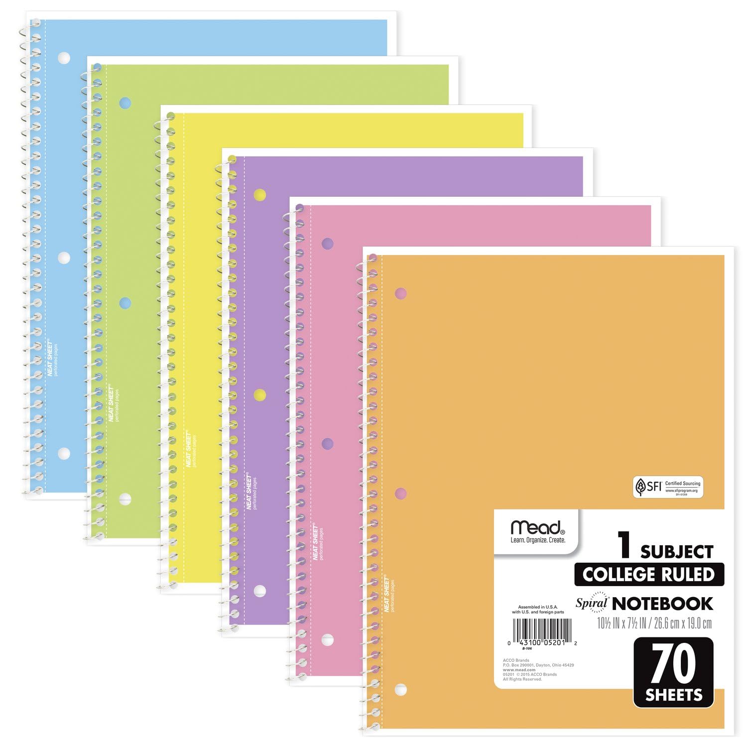 Mead Spiral Notebooks, 6 Pack, 1-Subject, College Ruled Paper, 8" x 10-1/2", 70 Sheets, Assorted Pastel Colors (830049)