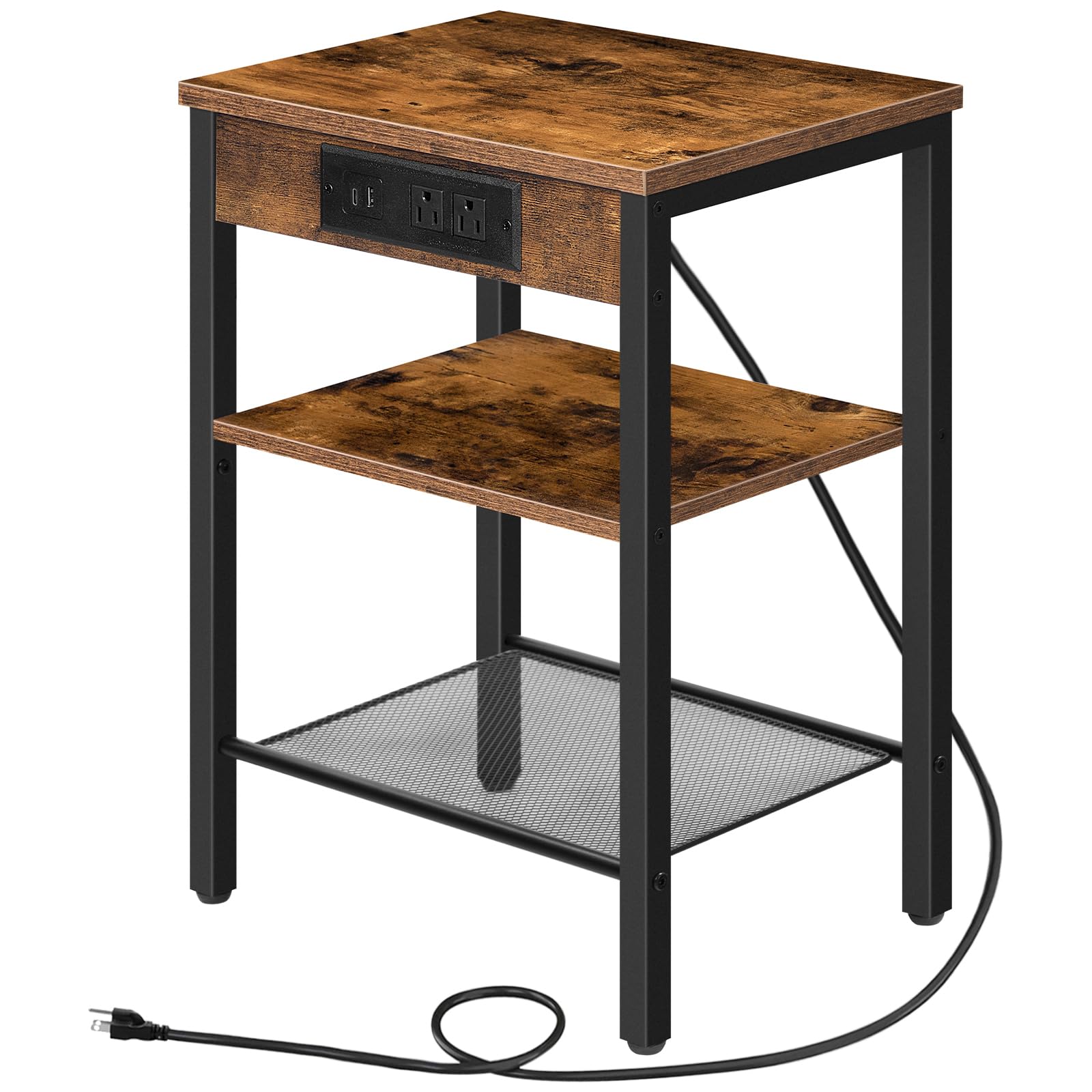 HOOBRO Side Table with Charging Station and USB Port, Small End Table for Small Space, 3-Tier Nightstand with Adjustable Shelf, for Living Room, Bedroom and Balcony, Rustic Brown BF112BZ01