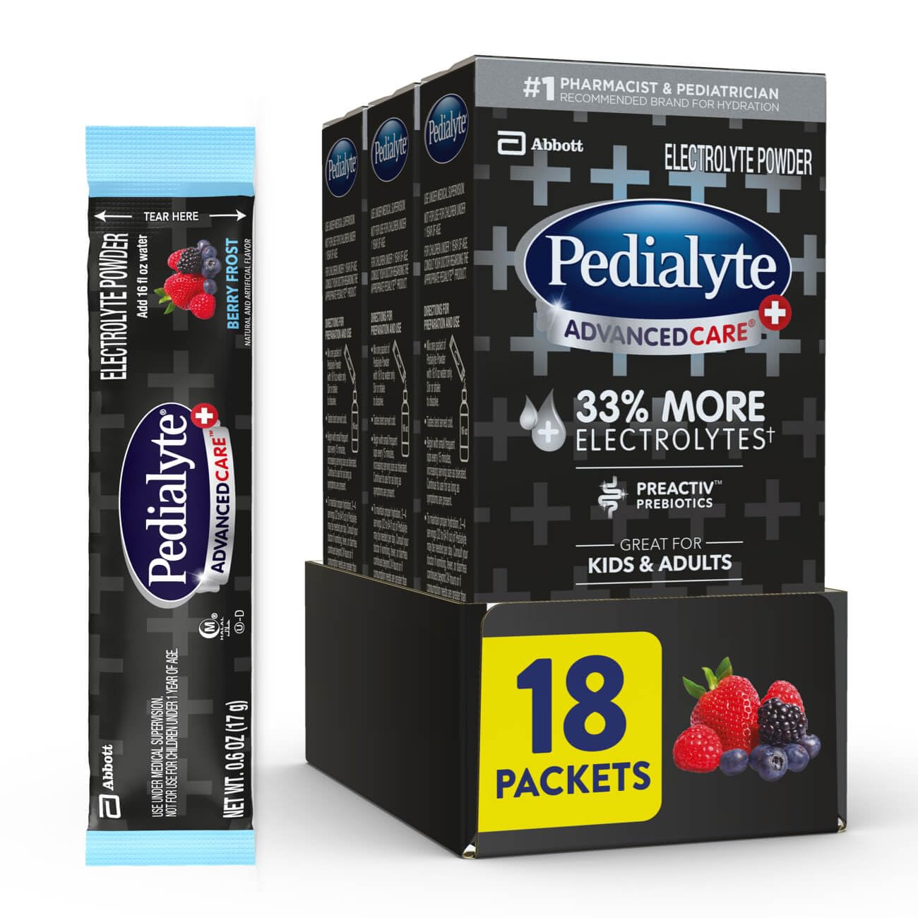 Pedialyte AdvancedCare Plus Electrolyte Powder, Has 33% More Electrolytes and PreActiv Prebiotics, Berry Frost, 18 Powder Packets