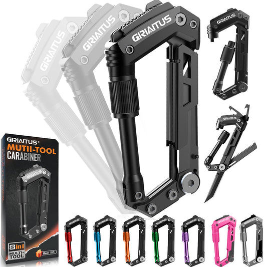 Carabiner Multitool 8-in-1 EDC Carabiners Pocket Knife, Serrated Knife, Rope Cutter, Screwdriver, Can Bottle Opener, Ruler, Survival Gear for Camping Climbing, Christmas Gifts for Men Women (Black)