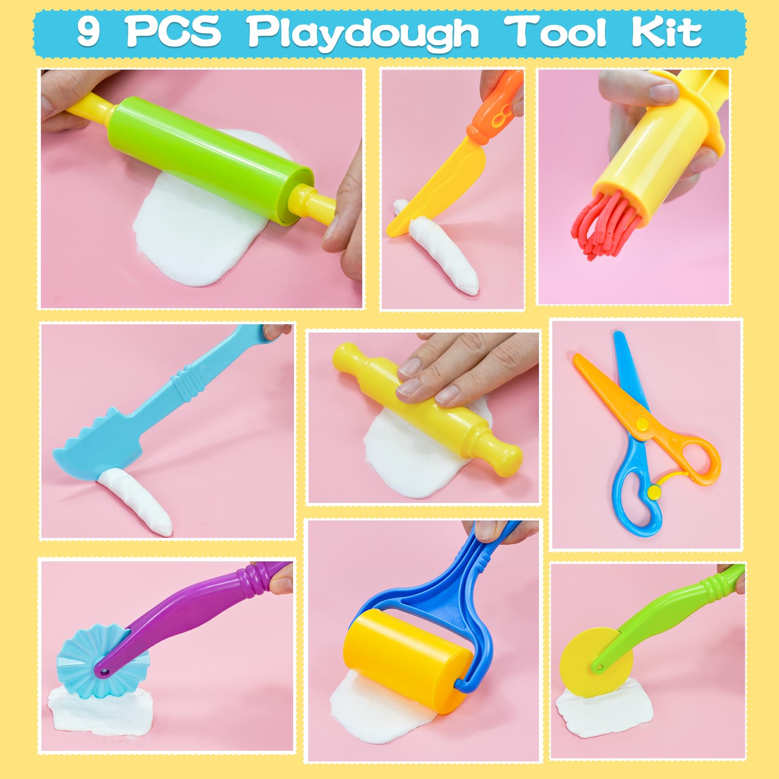 LCY WEDSHI Playdough Tool Set, 9 Pcs Play Dough Tools Sets for Kids Ages 4-8, Playdough Accessories Includes Cutters Roller, Rolling Pins, Safety Scissors, Plastic Knife