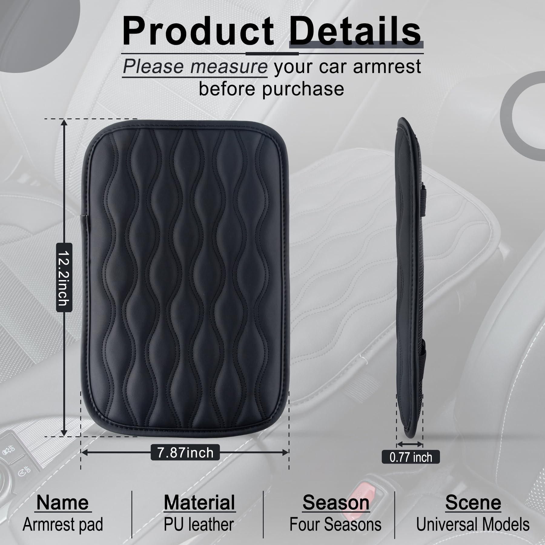 Amiss Auto Center Console Pad, Universal Waterproof Armrest Seat Box Cover, Car Interior Accessories, Leather Auto Armrest Cover Protector for Most Vehicle, SUV, Truck (Black)