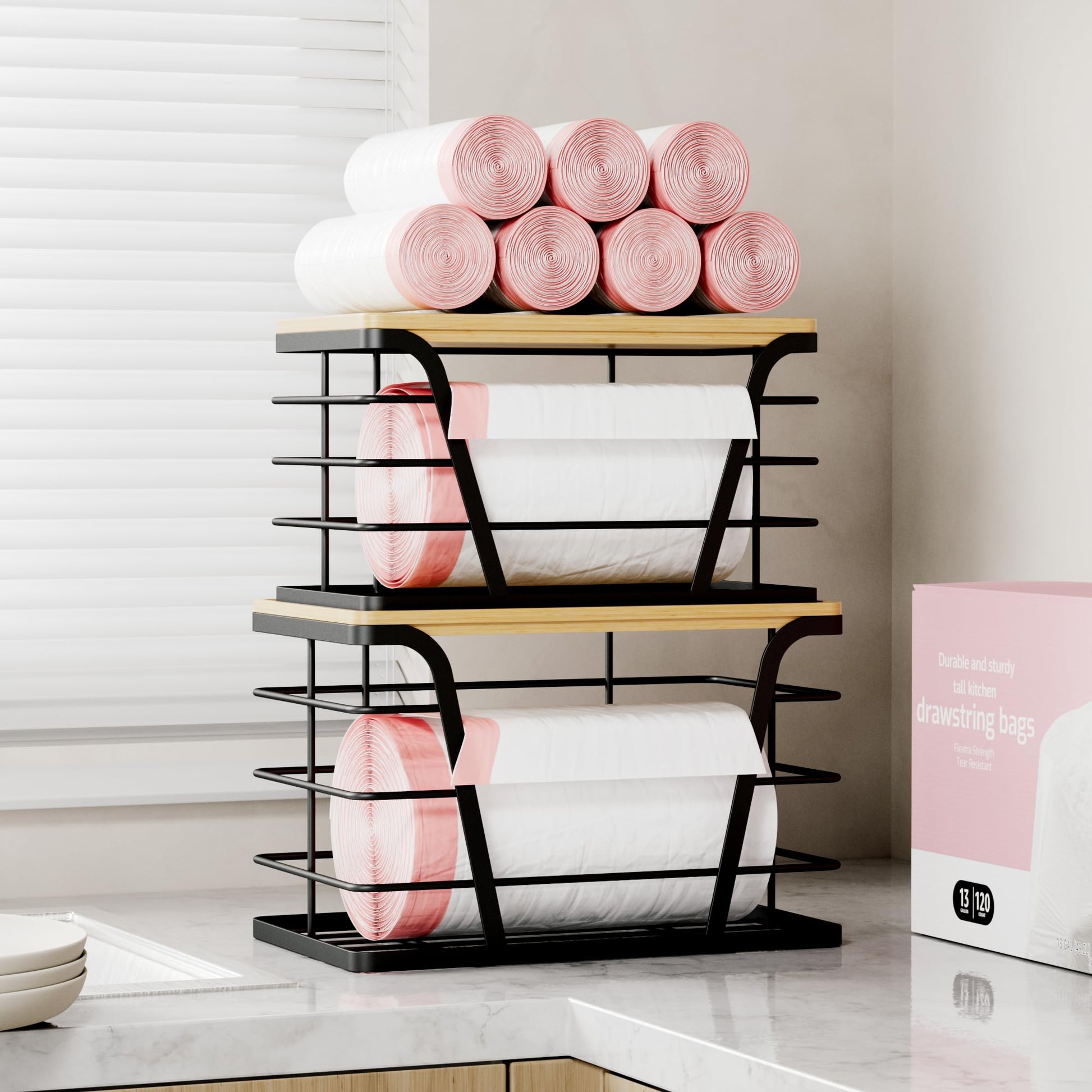 TIDIIABODE 2 Pack Stackable Storage Laundry Kitchen Organizers, Wall Mount Trash Bag Holder with Bamboo Top and Garbage Bag Dispenser No Drill