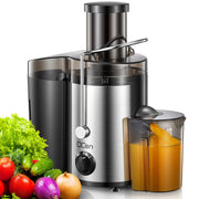 QCen Juicer Machine, 500W Centrifugal Juicer Extractor with Wide Mouth 3” Feed Chute for Fruit Vegetable, Easy to Clean, Stainless Steel, BPA-free (Black)