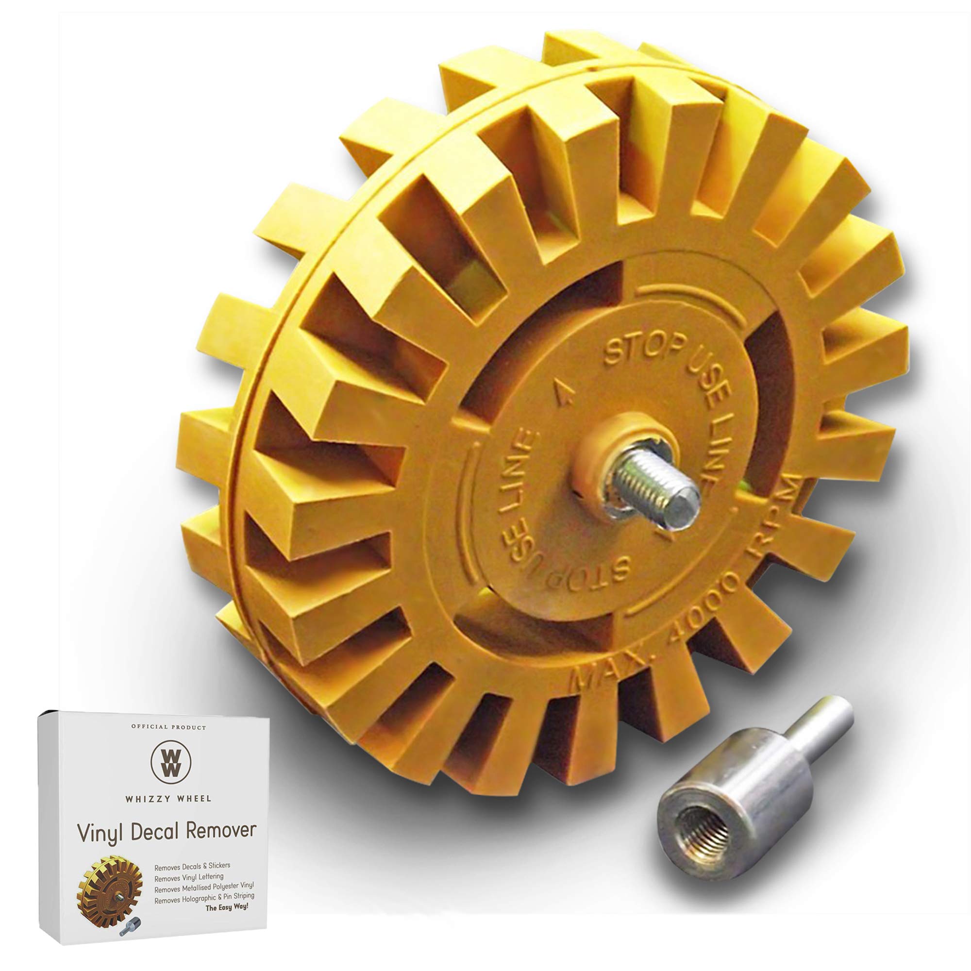 Whizzy Wheel 4 Zoll Autoaufkleber-Radiergummi – entfernt mühelos Autoaufkleber, Klebstoffreste, Glas, Metall, Embleme, Vinyl und Zierstreifen – Gummirad mit Bohradapter für schnelle und kratzfreie Anwendung