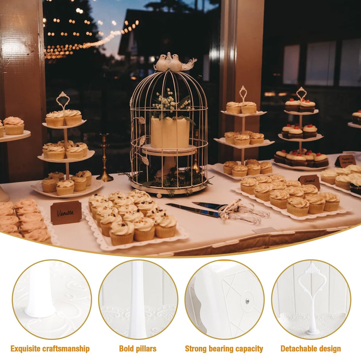 10 Pcs Cake Stand White Plastic Dessert Table Display Set 4 Pcs 3 Tired Cupcake Stand Cookie Tray Rack Serving Tray Cake Display Tower and 6 Pcs Dessert Trays for Wedding Baby Shower Tea Party