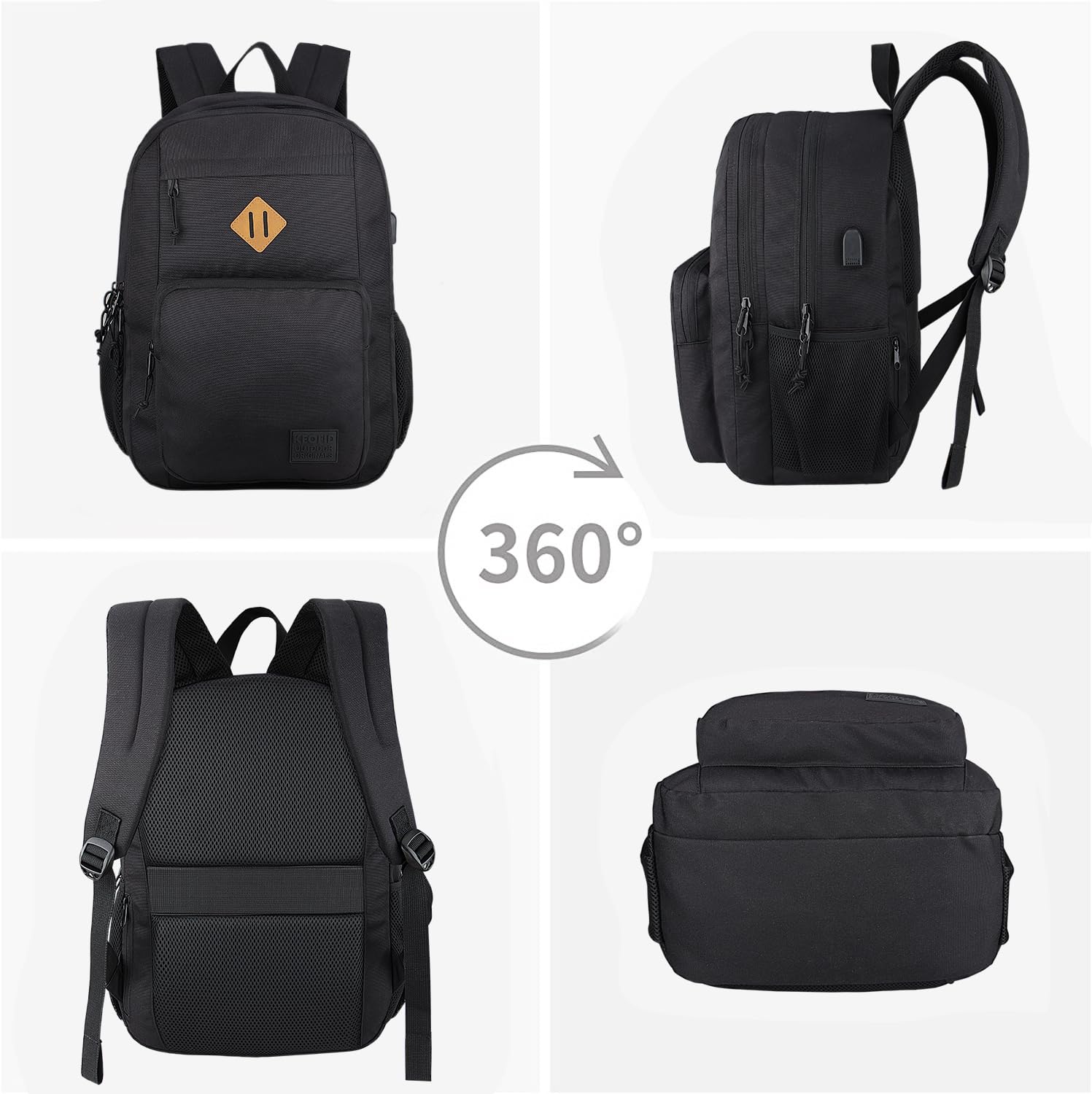 KEOFID Travel backpack for Men and Women, Anti Theft Laptop Backpack with USB Charging Port for Work, Large Bag for College, BLACK BOOK BAG FOR BOYS, GILRS Backpack,Water Resistent(Black)