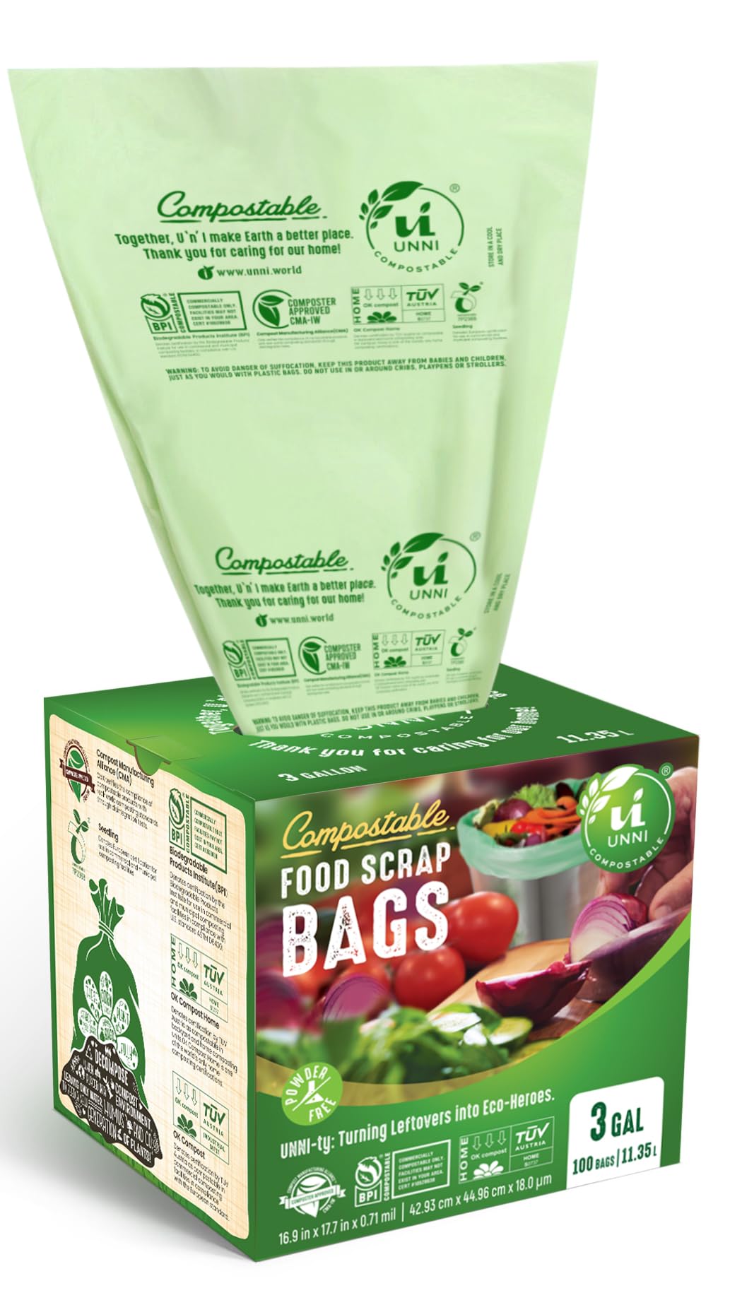 UNNI Compostable Liner Bags, 3 Gallon, 11.35 Liter, 100 Count, Extra Thick 0.71 Mil, Small Kitchen Food Scrap Waste Bags, ASTM D6400, US BPI, CMA and Europe OK Compost Home Certified, San Francisco