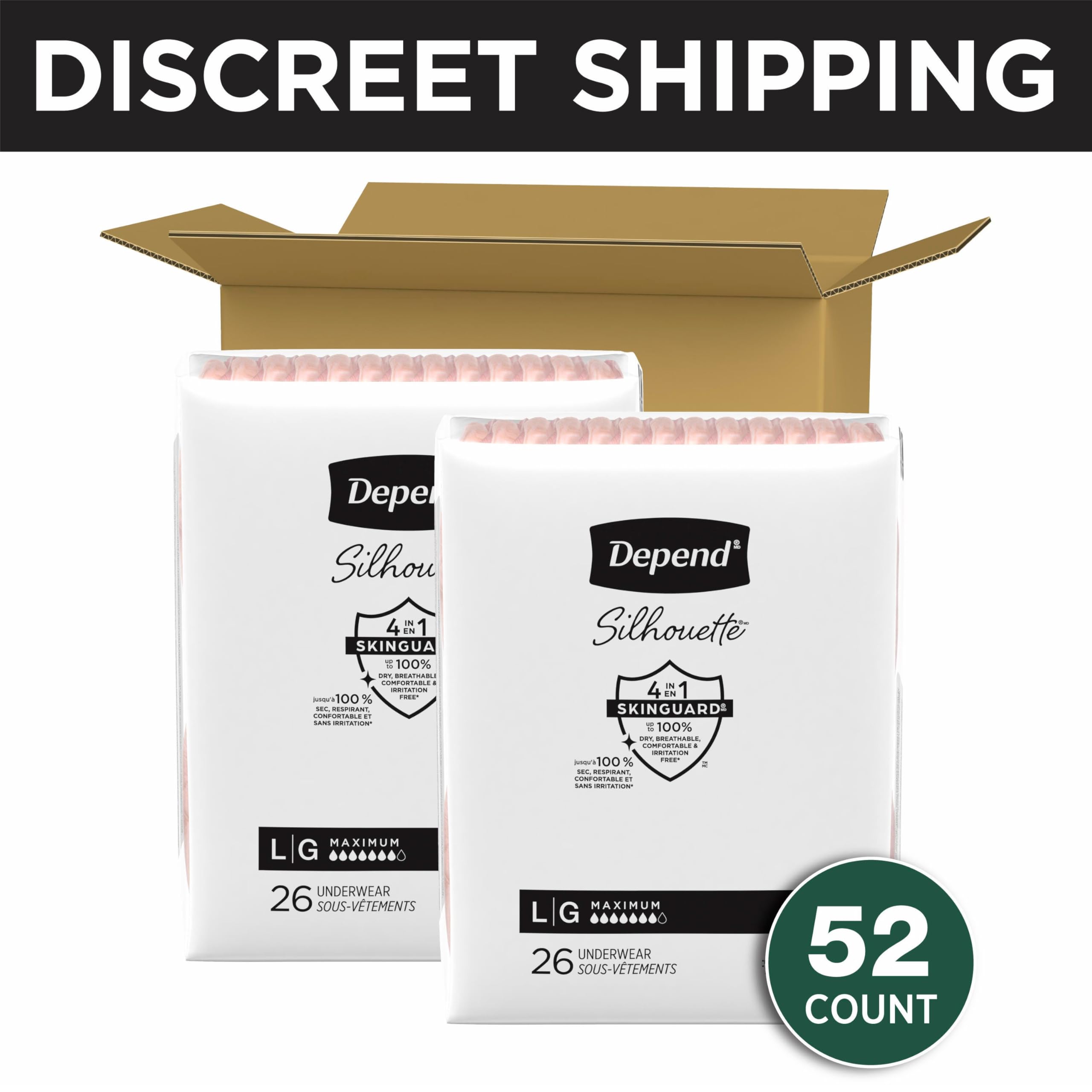 Depend Silhouette Adult Incontinence & Postpartum Bladder Leak Underwear for Women, Maximum Absorbency, Large, Pink, 52 Count (2 Packs of 26), Packaging May Vary