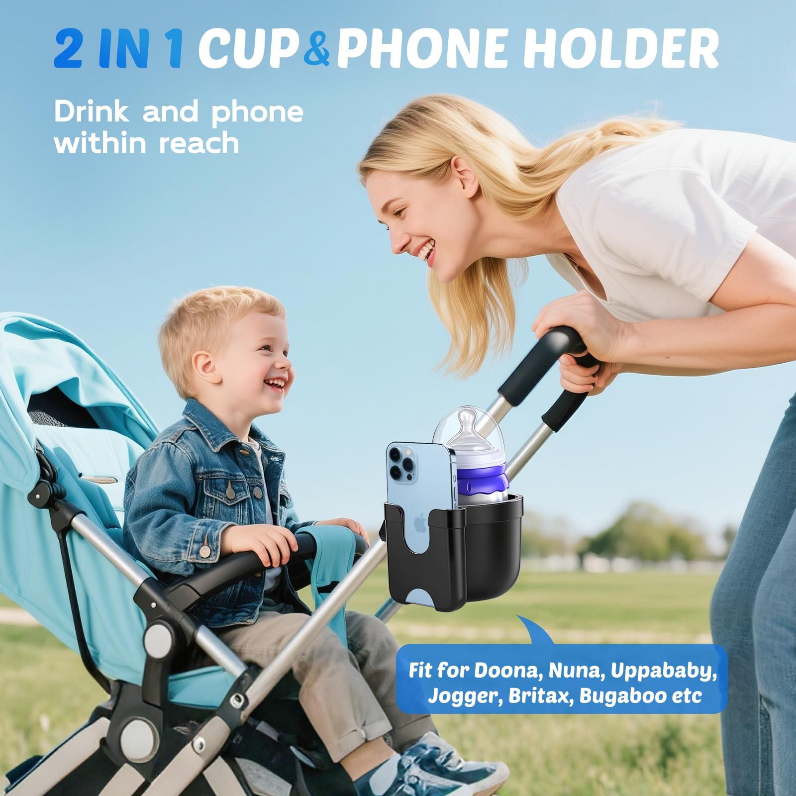Guiseapue Cup Holder for Walker: Stroller Cup Holder Attachment with Phone Holder, Wheelchair/Stroller Accessories for Uppababy, Nuna, Doona, Rollator, Bike, Scooter, Baby Travel Essential