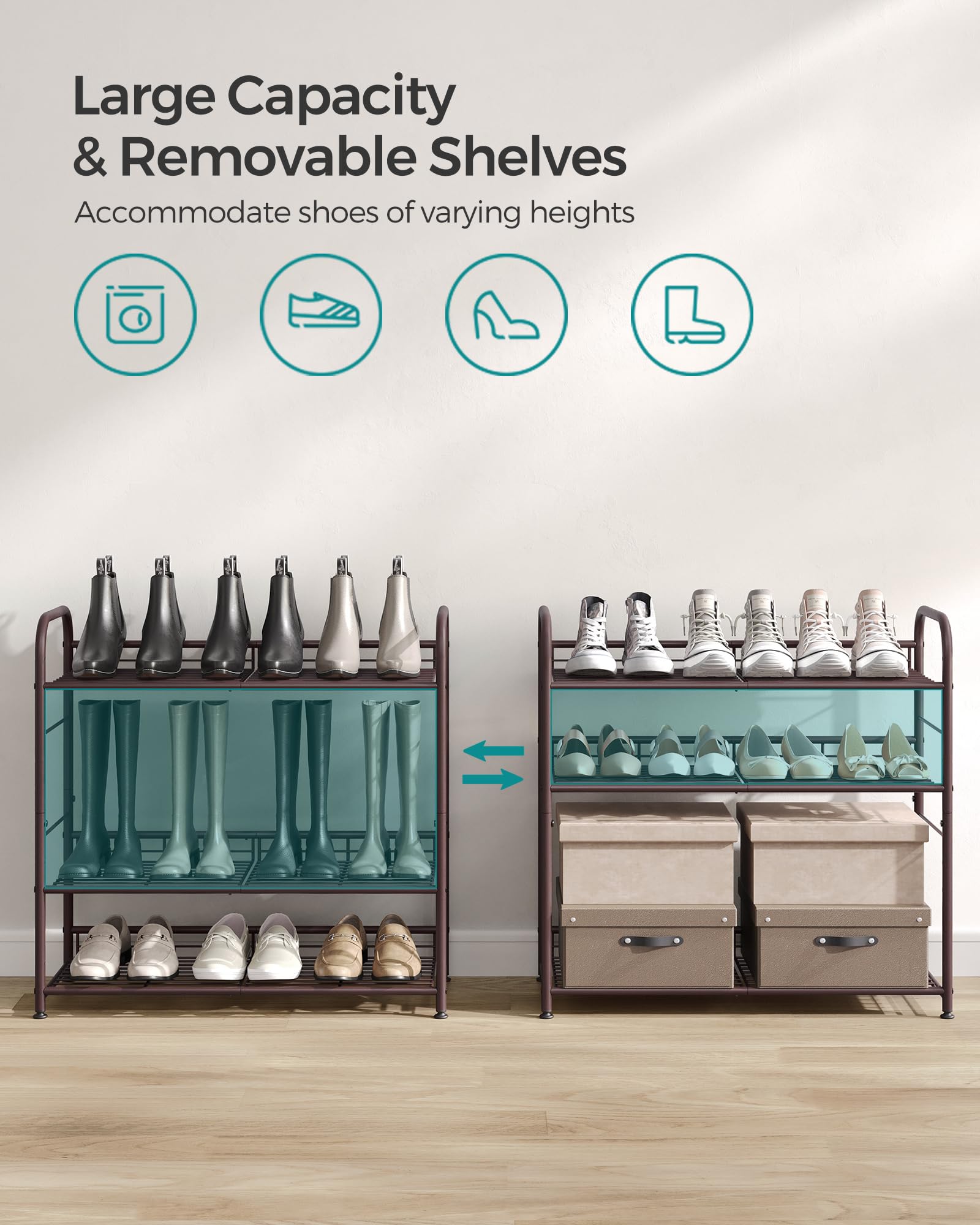 SONGMICS Stackable Shoe Rack, 4 Tier Metal Shoes Rack Storage Shelf, Holds up to 20 Pairs Shoes, Adjustable Slanted Shelves Tower Organizer for Closet Entryway Small Spaces, Bronze
