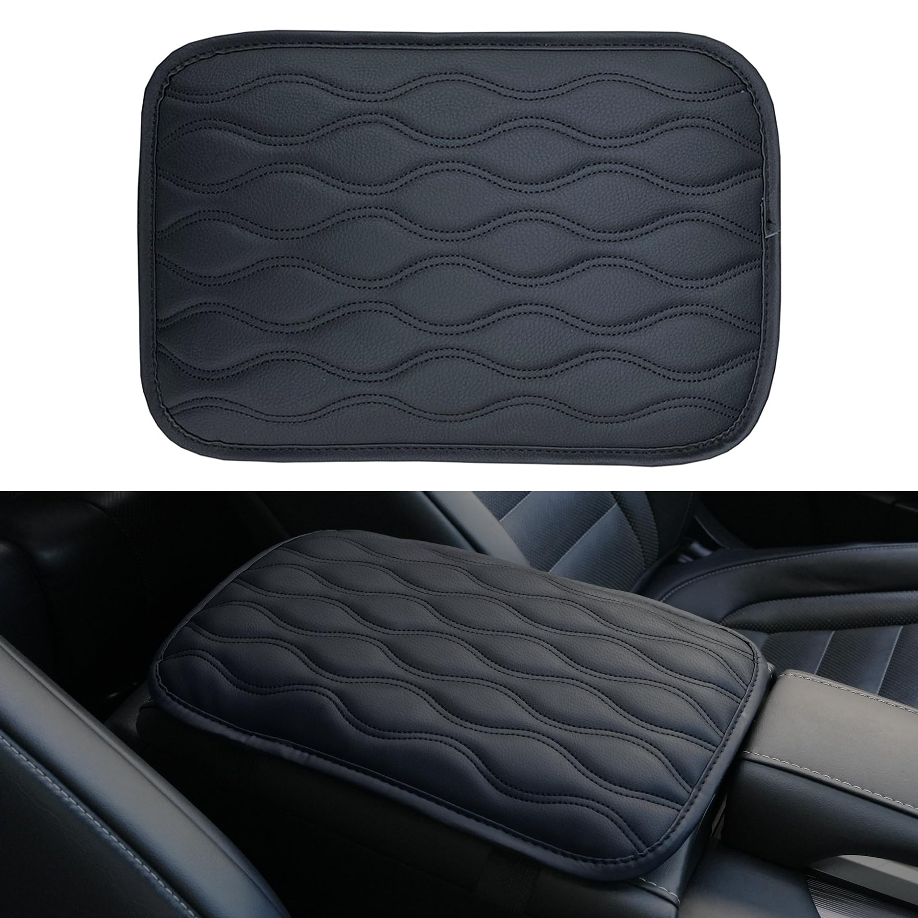 Amiss Auto Center Console Pad, Universal Waterproof Armrest Seat Box Cover, Car Interior Accessories, Leather Auto Armrest Cover Protector for Most Vehicle, SUV, Truck (Black)