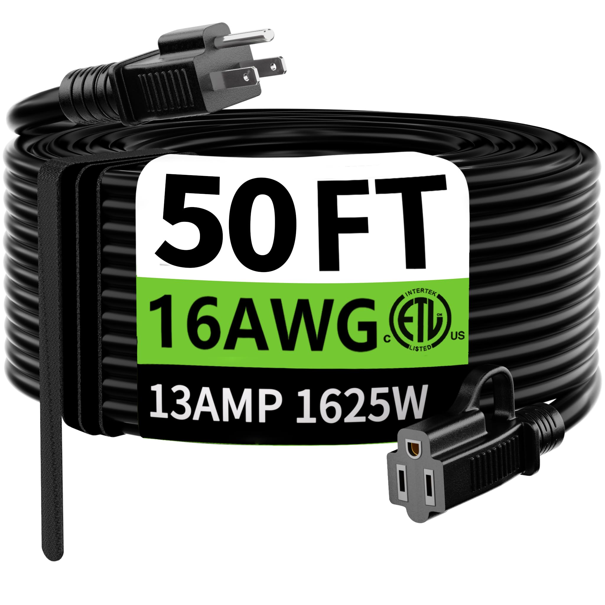 HUANCHAIN Indoor Outdoor Black Extension Cord 50 ft Waterproof, 16/3 Gauge Flexible Resistant Appliance Extension Cord Outside, 13A 1625W 16AWG SJTW, 3 Prong Heavy Duty Electric Cable, ETL Listed
