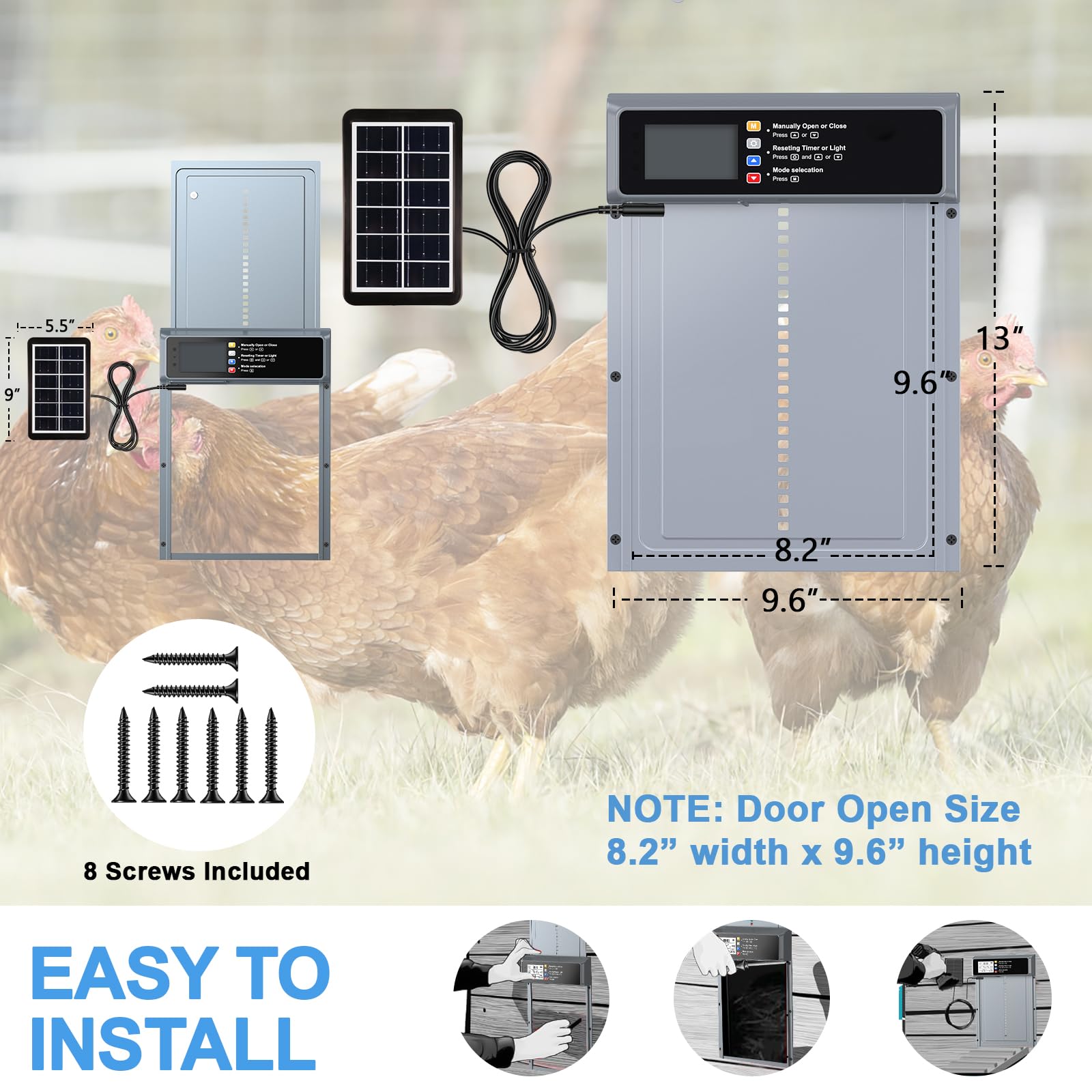 NyPots Automatic Chicken Coop Door Solar Powered, LCD Display Automatic Chicken Door with Timer & Light Sensor Mix 4Modes, Aluminum Alloy Chicken Door, Range 20M Remote Control Solar Chicken Coop Door