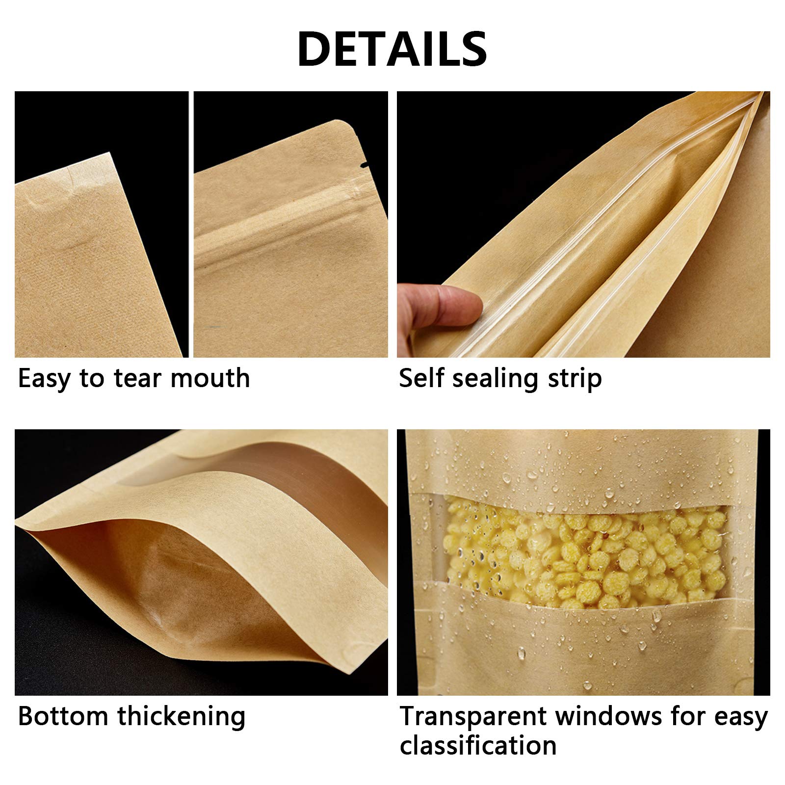 100 Pcs Paper Bags Resealable bags 3.5" x 5.5" Zipper Food Storage Bags, Stand Up, with Matte Window, Reusable, Sealable, for Packaging Products