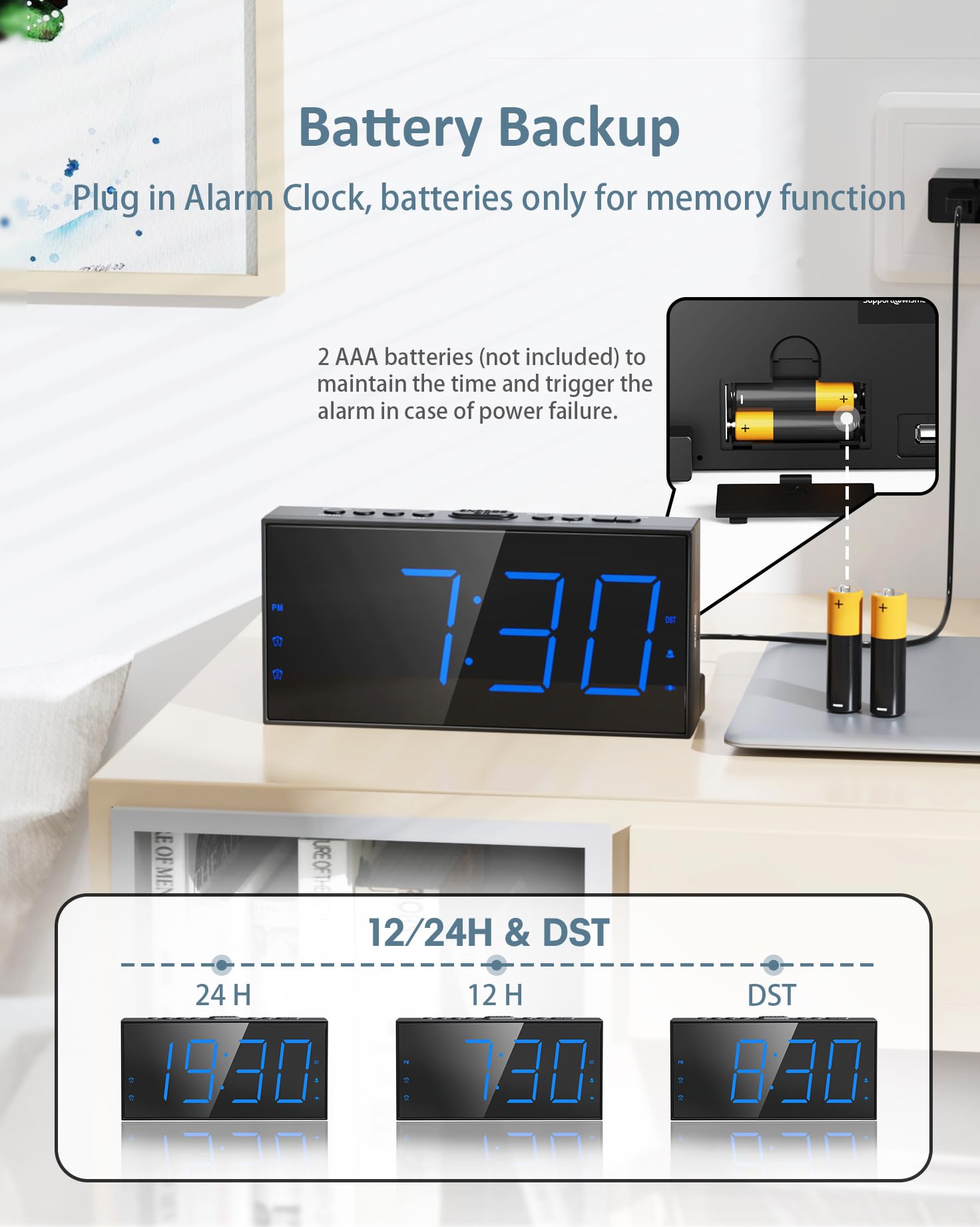 Roxicosly Loud Alarm Clock with Bed Shaker, Vibrating Alarm Clock for Heavy Sleepers/Hard of Hearing/Deaf/Teens, Dual Alarms with 7.5’’ Large LED Display, USB Charger, Dimmer, Snooze & Battery Backup