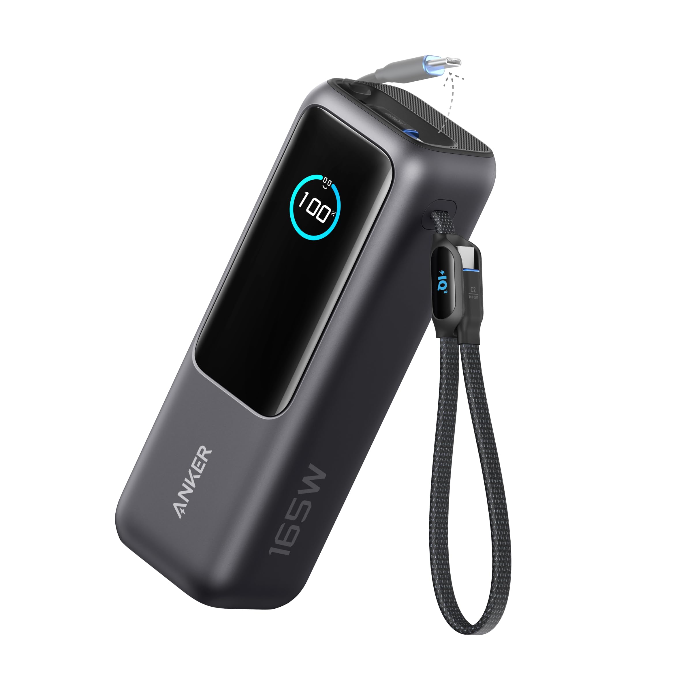 بنك طاقة للابتوب من أنكر، شاحن محمول بسعة 25000 مللي أمبير مع ثلاثة منافذ USB-C بقوة 100 واط، كابلات مدمجة وقابلة للسحب، متوافق مع سلسلة iPhone 16/15، ماك بوك، سامسونج، والمزيد (معتمد للسفر الجوي)