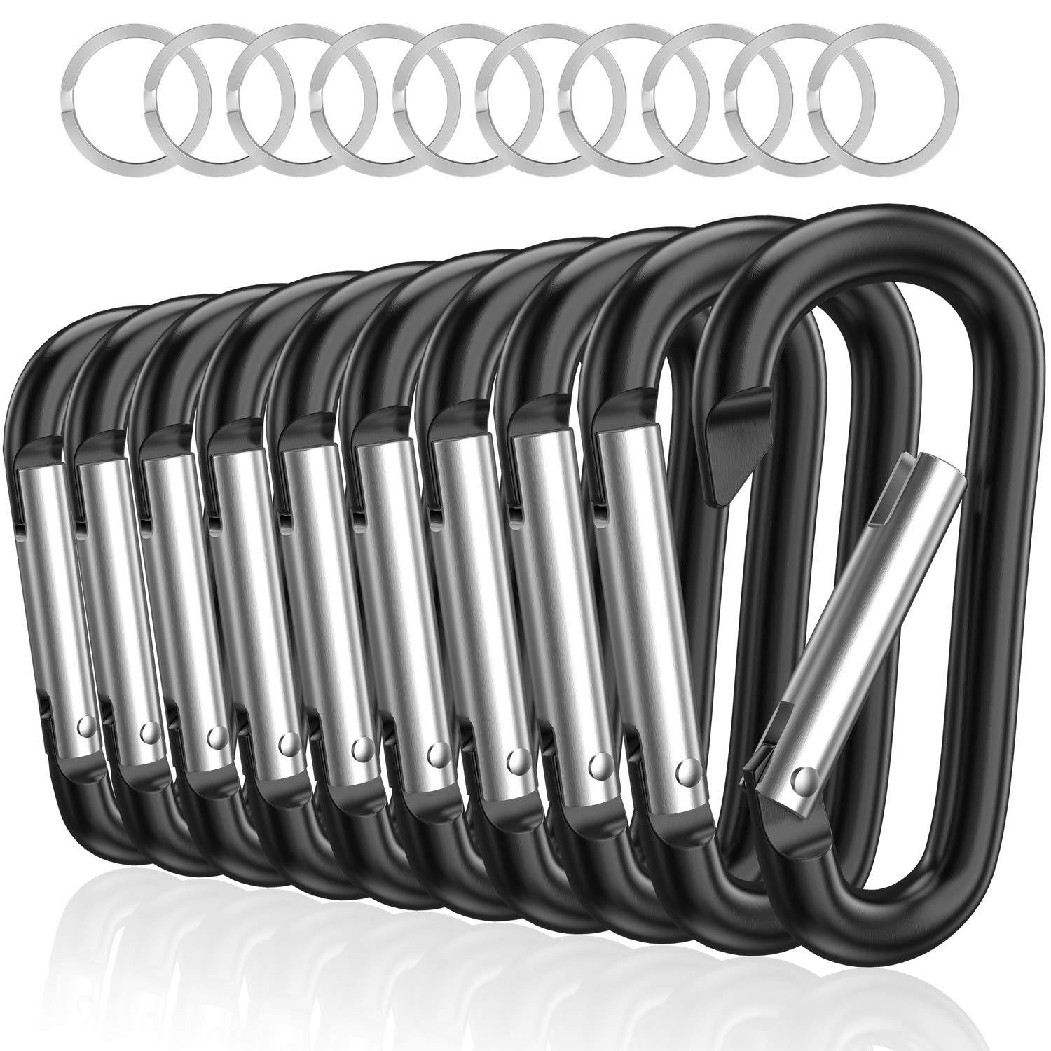 Sprookber 3" Aluminum Carabiner D Ring, Caribeener Clips, Spring Snap Hook for Keychain Clip, Set of 10 (Black)